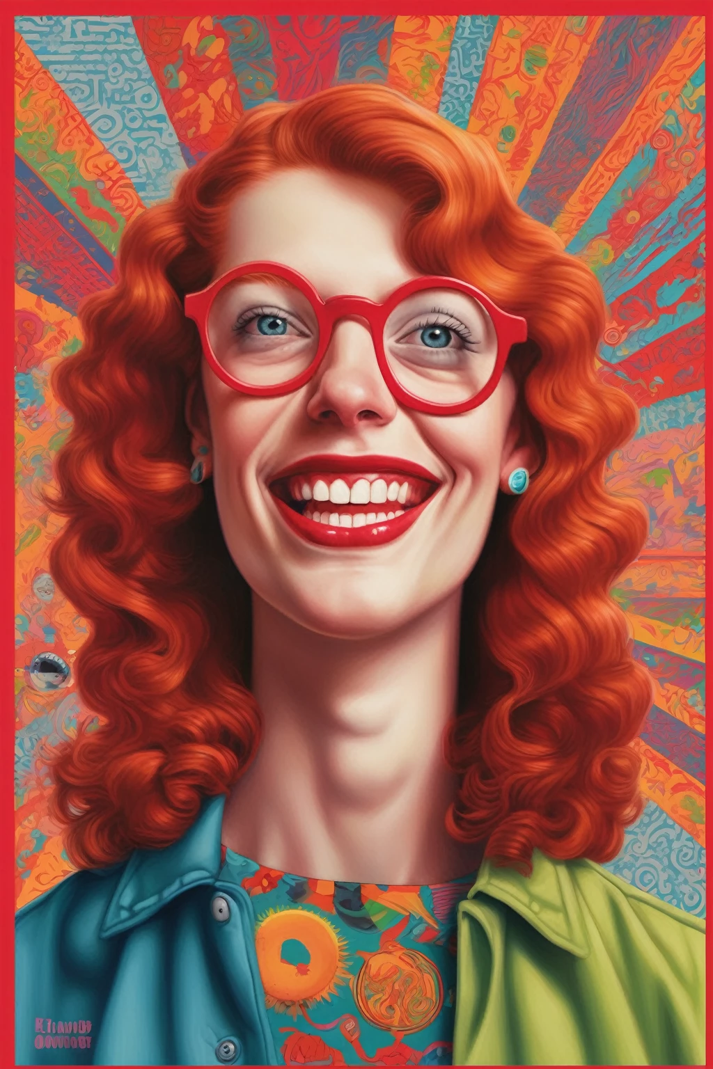 Alex Gross Style - pintura de Alex Gross The image you've uploaded appears to be inspired by the cover art of an album, featuring a stylized and colorful portrait with a retro graphic design background. The character is depicted with a vibrant, friendly smile, curly red hair, and glasses, set against a bright and bold patterned background that includes text. It carries a strong 90s punk rock aesthetic, reminiscent of album cover art from bands of that era, combining a quirky and expressive portrait with eye-catching typography.