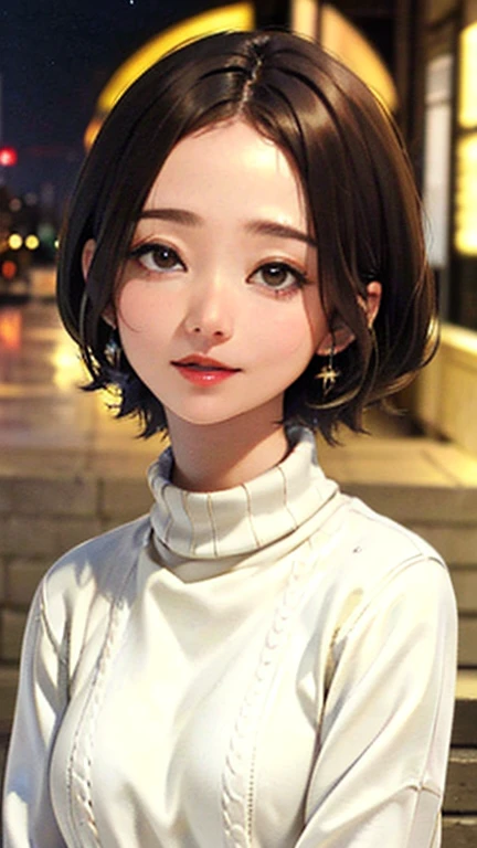 (Top quality masterpiece:1.2) Delicate illustrations, Very detailed, /Beautiful Japanese Woman、1 person,Very cute and slim、Excellent style 、((8K images、super high quality))、Very delicate face, Beautiful forehead、Beautiful thighs、Bright red lipstick,(((((short hair、Light brown hair、Blonde hair))))),very cute、Kind eyes,((((Tight sweater))))、starry skies、Tokyo night view