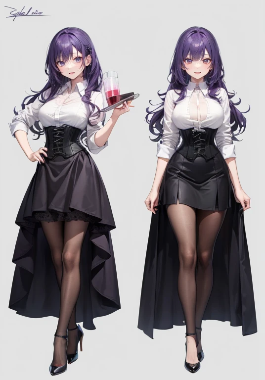 Purple hair,long hair,Adult female,Bartender,((Body harness)),((Rolling up your sleeves shirt)),(Corset),(Long skirt),(slit),High heels,((Simple background)),Smile,((Full body)),((whole body)),Character Sheet,