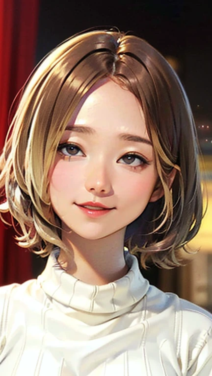 (Top quality masterpiece:1.2) Delicate illustrations, Very detailed, /Beautiful Japanese Woman、1 person,Very cute and slim、Excellent style 、((8K images、super high quality))、Very delicate face, Beautiful forehead、Beautiful thighs、Bright red lipstick,(((((short hair、Light brown hair、Blonde hair))))),very cute、Kind eyes,((((Tight sweater))))、starry skies、Tokyo night view