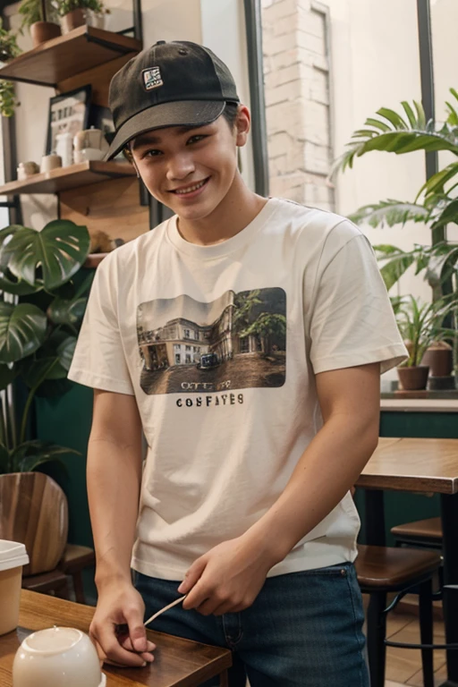 Open your laptop in a cafe、A 16-year-old male working、T-shirt、Wearing a cap、Coffee in one hand、Short Hair、smile、Woody interior with lots of plants