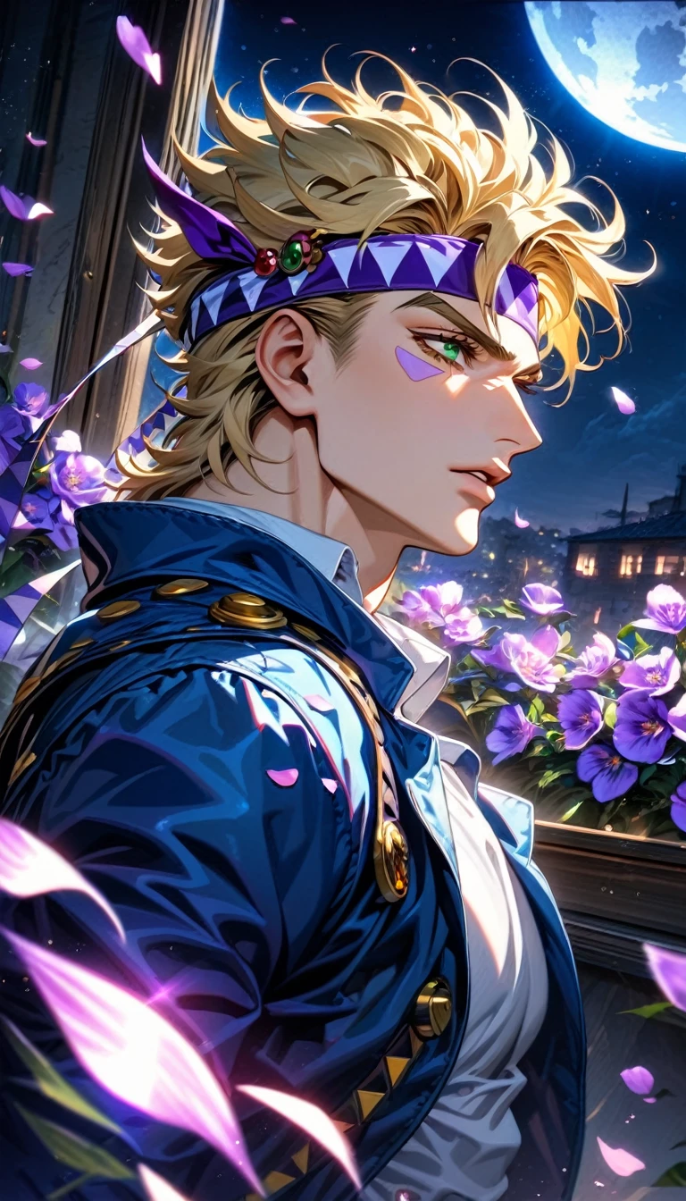 absurdres, highres, ultra detailed, HDR, master piece, ultra detailed picture, extremely detailed face and eyes, Caesar Anthonio Zeppeli, blonde hair, expressive green eyes, Jojo bizarre adventure, sexy man, solo, handsome, blue coat, white shirt, purple headband, moon, window, purple flowers, petals, purple shining lights