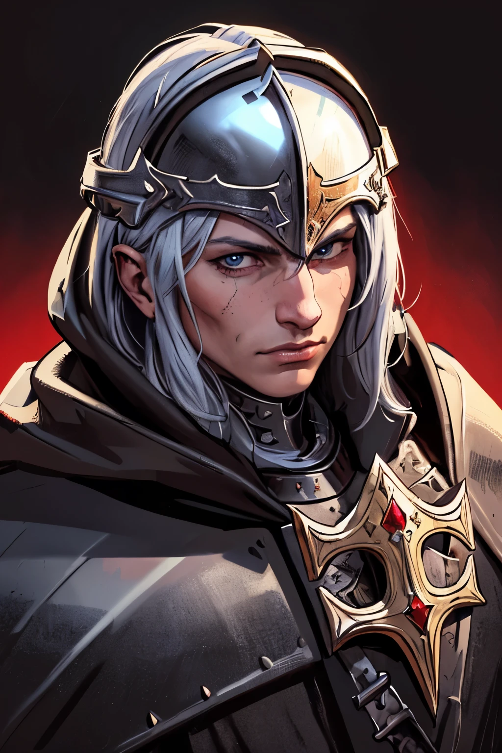 (masterpiece:1.1),(best quality:1.1),extremely detailed,(original design:1.1),(unique accessories:1.1),(medieval fantasy:1.1),professionally retouched,(close-up:1.1),portrait,battlefield,(male:1.1),(holy:1.0),(divine:1.0),(old:1.3), knight full black armor, helmet on, black armor, red cloak, dark metal