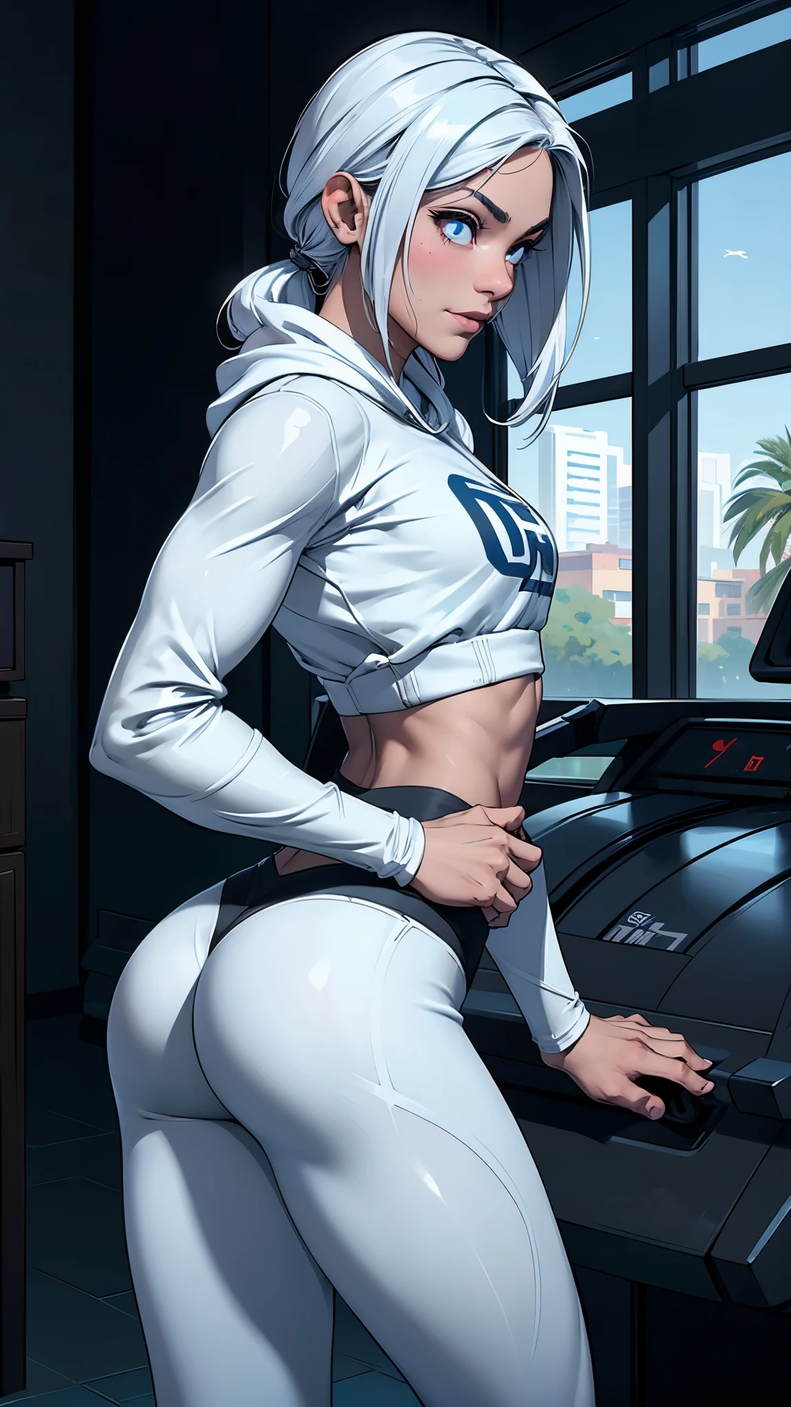(1 mujer), (solo), maduro, pelo negro profundo, cabello ondulado, pelo corto, pale skin, camisa corta negra,(sudadera deportiva white :1.4) , cuerpo musculoso, promedio , tatuajes, (leggings white  intenso :1.4) ,(cabello white canoso :1.4), sonrisa arrogante, cicatrices en la cara, More detailed 8K.motor irreal:1.4,HD,La mejor calidad:1.4, fotorrealista:1.4, textura de la piel:1.4, obra maestra:1.8,obra maestra, mejor calidad,objeto Objeto], (rasgos faciales detallados:1.3),(Las proporciones correctas),(Ojos hermosos azules:1.4 ),  (pose vaquero), ,(Fondo gimnasia GYM aparatos deportivos :1.4 ), (medias blancas brillantes/pantys:1.4),,(perfect anatomy :1.4), (rear view, backside view),, (mostrando culo hermoso),( Only), (gym:1.4), ,( ciberpunk 2.1), (estilo kawaii :1.4) 