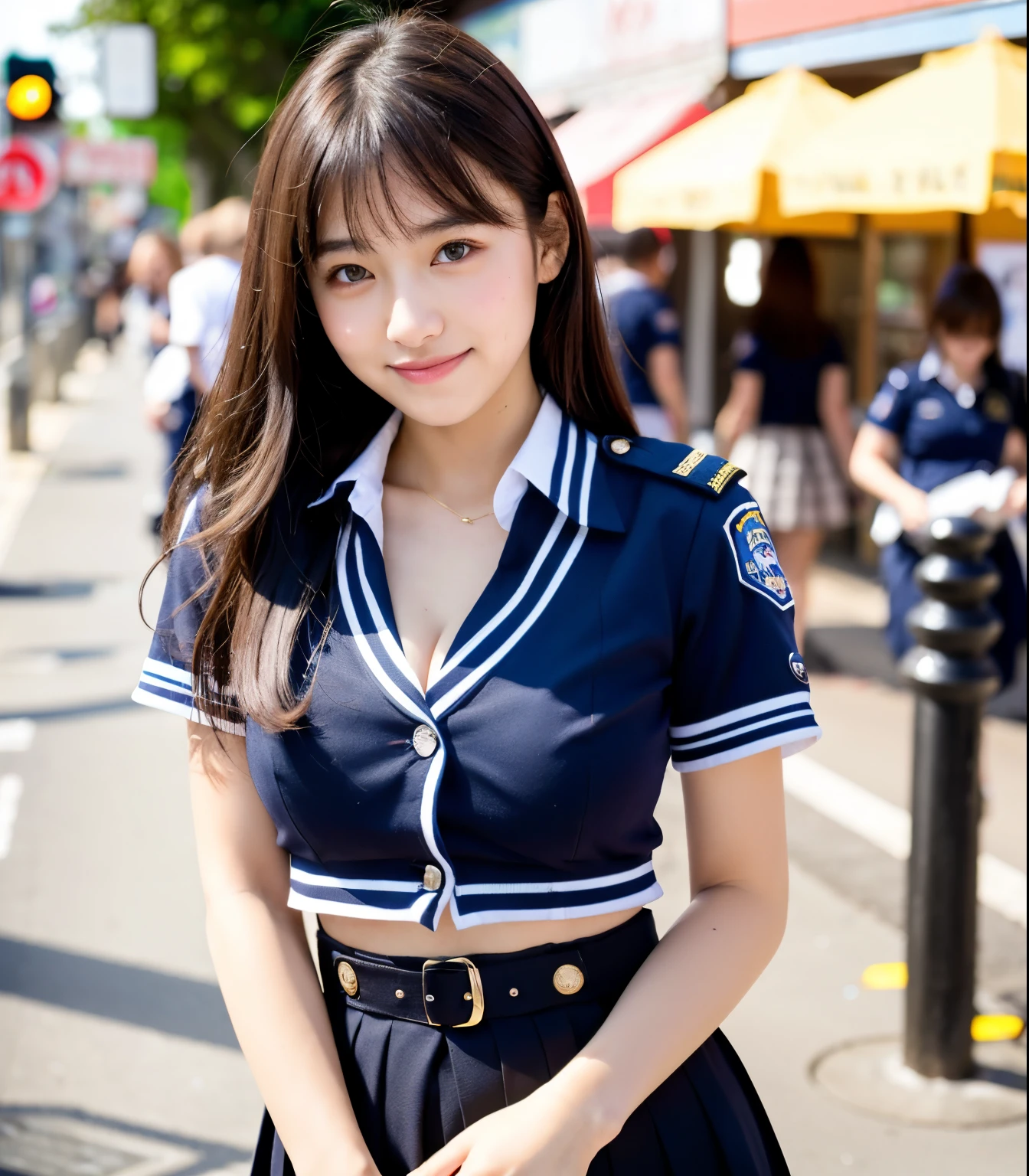 ((highest quality)), ((masterpiece)), (detailed), Perfect Face, A 20-year-old girl who is as cute as an idol, A kind smile, Very cute、Female police officer, Police uniform, Unbutton your uniform、I'm wearing a bra、mini skirt、Cleavage, whole body, whole body像、City Sidewalk, Genuine stick, Genuine、Real