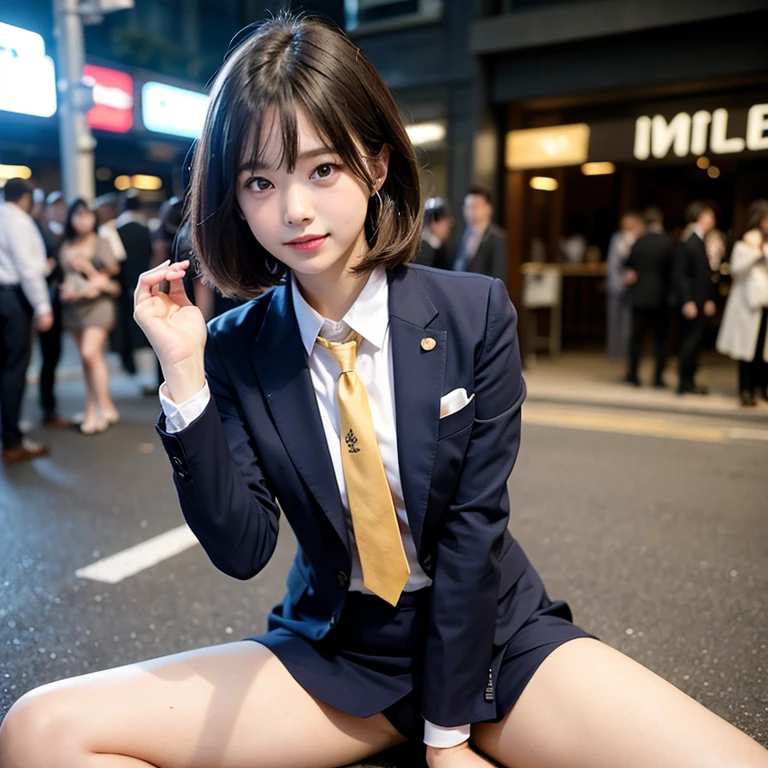 (Tabletop, highest quality:1.2), 8k, Official Art, Full body photo, Whole Body Ezbian、Emma is tying her tie.pants、Cute Smile、Cute ass、Keep your bag cool、Black-haired、14 years、、fun、Laughter、unbelievably ridiculous, (Upper Body, Dark blue suit:Cute tie 1.4), beautiful girl, Pretty face, lean back, Cute ass、Gold ornament in hair、Wearing a cute suit、Strike a Pose、Raise your hands、close, Wearing a suit, Short sleeve, Gardenia, Violet, , street, View your viewers, Film Grain, chromatic aberration, Sharp focus, Face Light, Dynamic Lighting, Cinema Lighting, Eyes and facial details, Bokeh Background, (A tie with the word "Emma" written on it、1:1.2)、((Sexy panties in full view:1.05))、((Spread your legs wide:1.45))