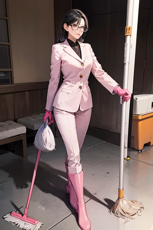 A mature woman with black hair and glasses wearing a suit and long pink rubber gloves and white rubber boots doing cleaning work