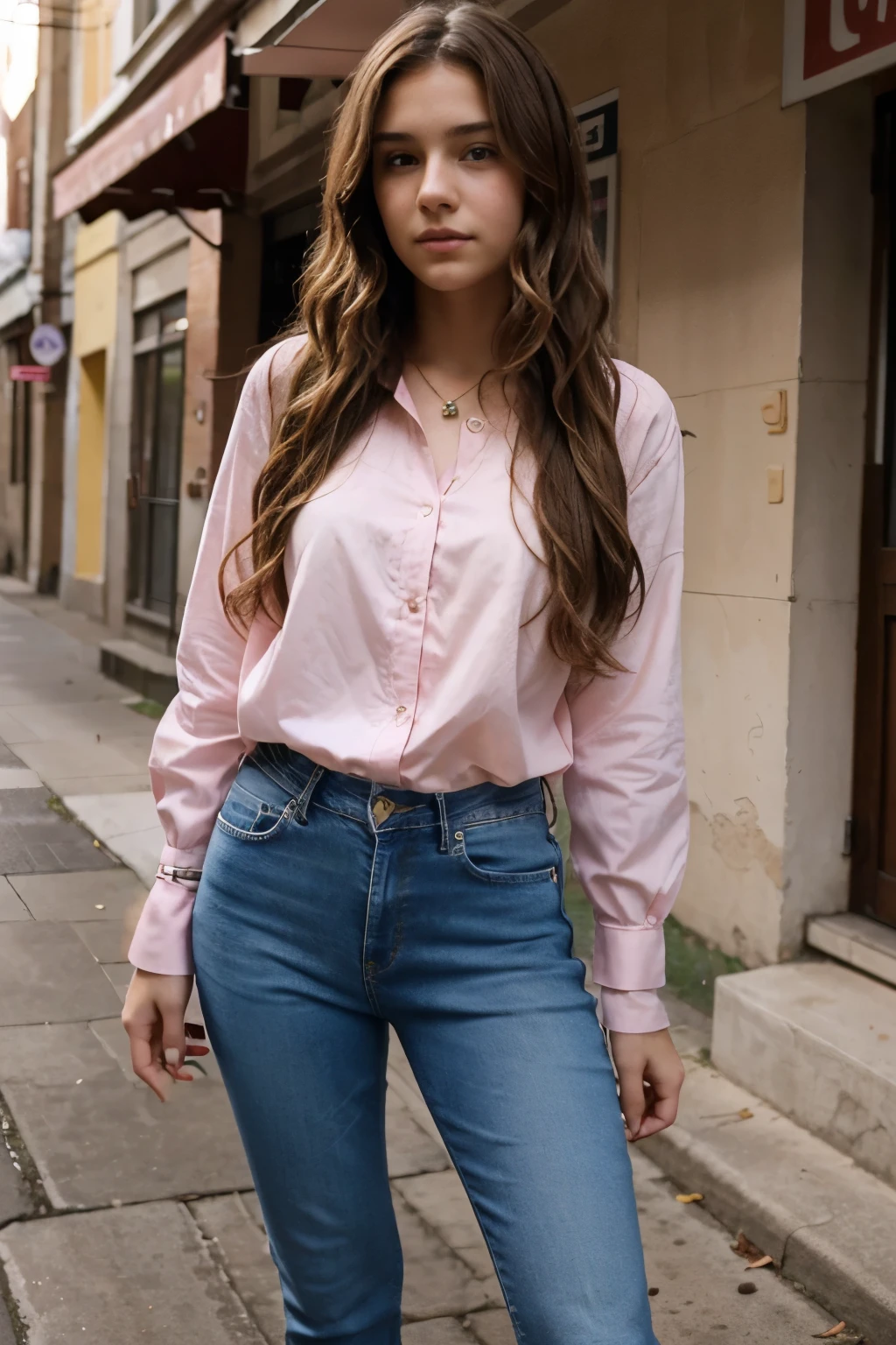 Teenage girl, 15 years old. Wavy light brown hair. Pink Blouse and Jeans. Pink High Heels.