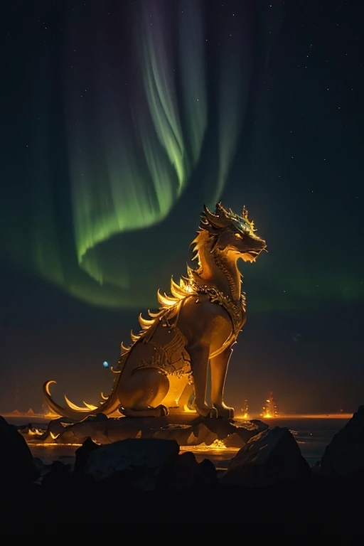 So sublime and divine々A beautiful golden dragon floats in the center of the screen, looking at the camera.。The background is lightning.、An image of a mysterious night sky where the aurora shines beautifully.