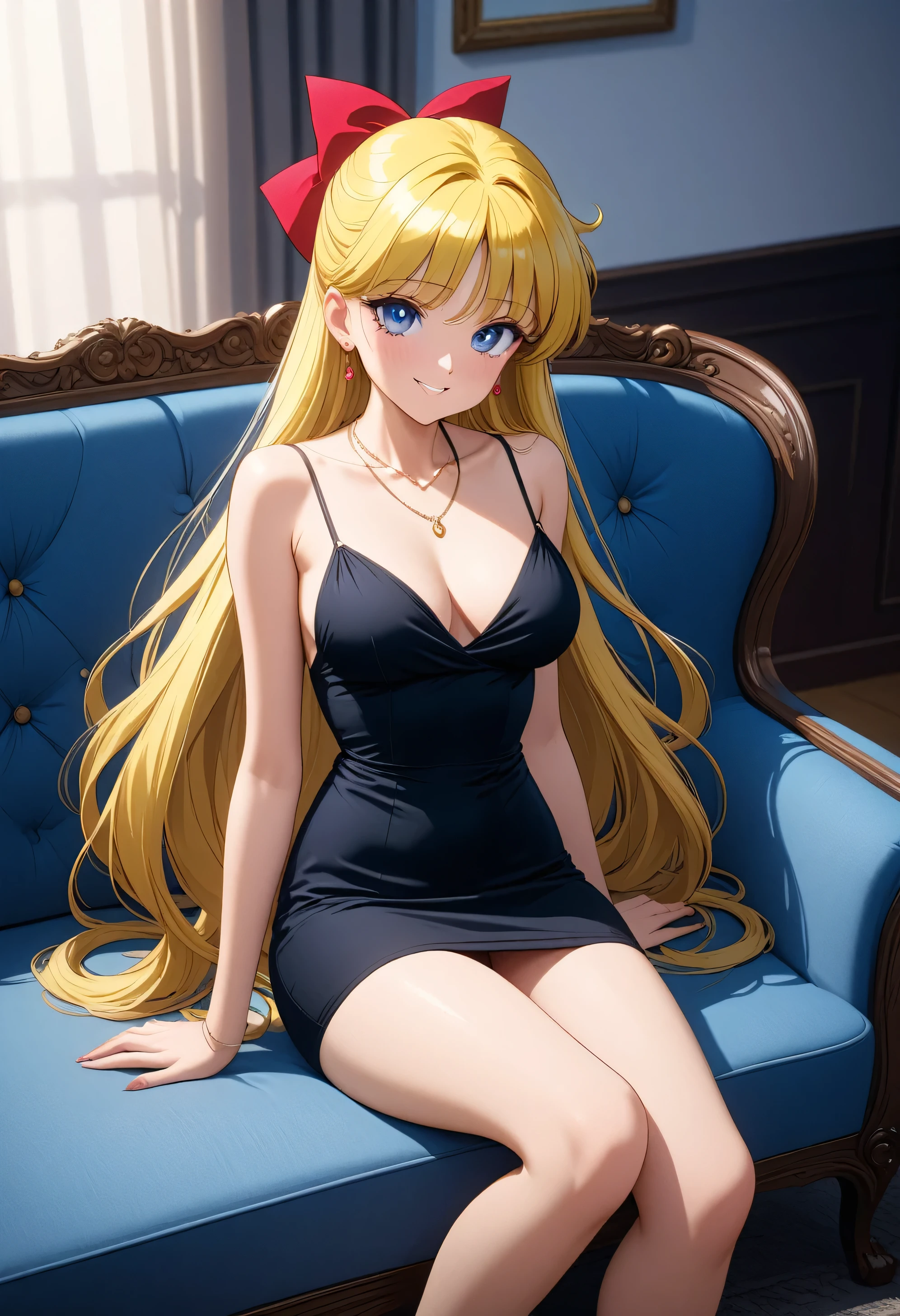 (masterpiece, best quality, very aesthetic, ultra detailed), intricate details, 4k, aavenus, long hair, blonde hair, hair bow, earrings, blue eyes, taut dress, spaghetti strap, black dress, sleeveless, sitting, necklace, indoors, sofa, seductive smile