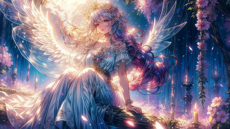 soft lighting, dreamy atmosphere, ethereal aesthetic, fantasy theme, nature elements, floral background, delicate details, flowing hair, whimsical pose, vibrant colors, flower petal falling, sitting