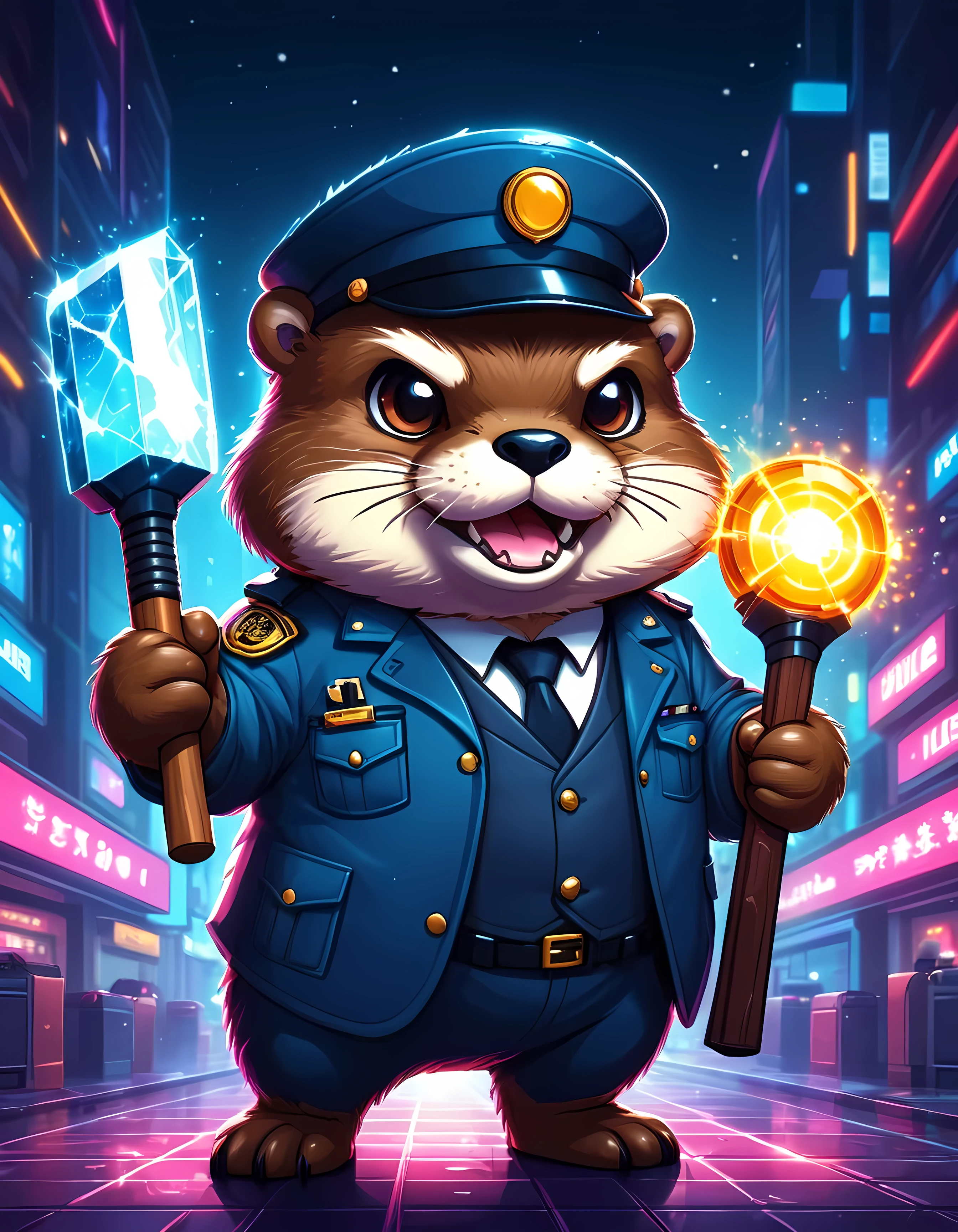 Bright epic professional cute cartoon pixel illustration, (masterpiece in maximum 16K resolution, superb quality, ultra detailed:1.3), close-up of a cyberpunk neon fat otter angry inspector holding a (glowing electric axe with both hands), sharp stylish long coat with a pouch, armored cap, (robotic eyes), blurry modern street background at night, sparkles.