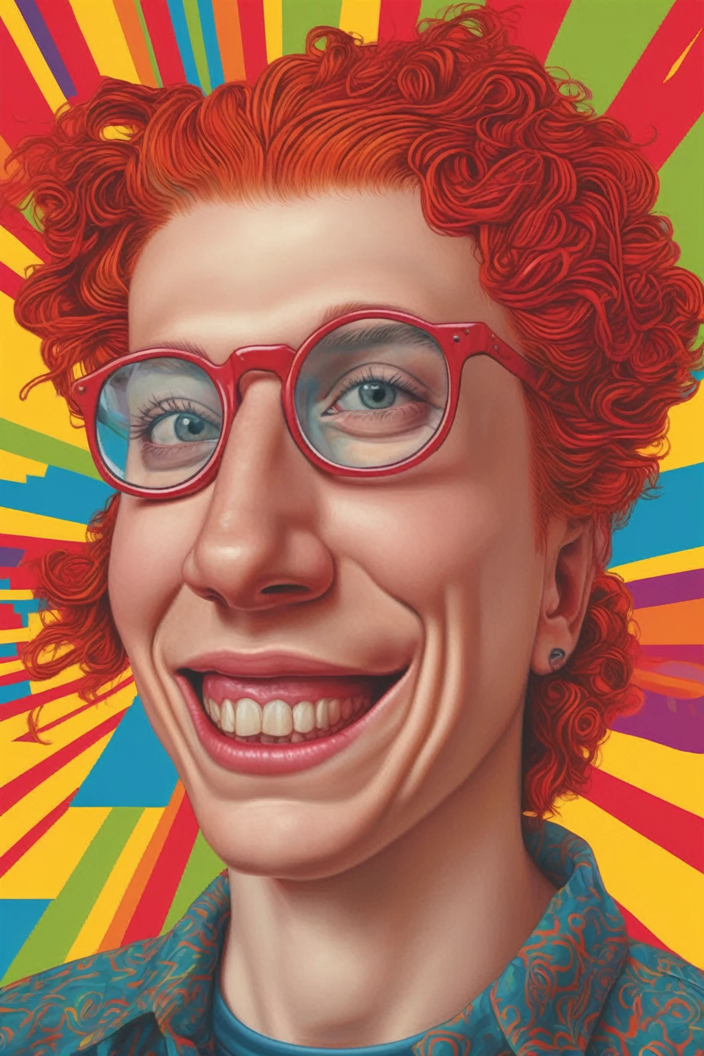 Alex Gross Style - pintura de Alex Gross The image you've uploaded appears to be inspired by the cover art of an album by LAGWAGON hardcore punk band, featuring a stylized and colorful portrait with a retro graphic design background. The character is depicted with a vibrant, friendly smile, curly red hair, and glasses, set against a bright and bold patterned background that includes text. It carries a strong 90s punk rock aesthetic, reminiscent of album cover art from bands of that era, combining a quirky and expressive portrait with eye-catching typography.