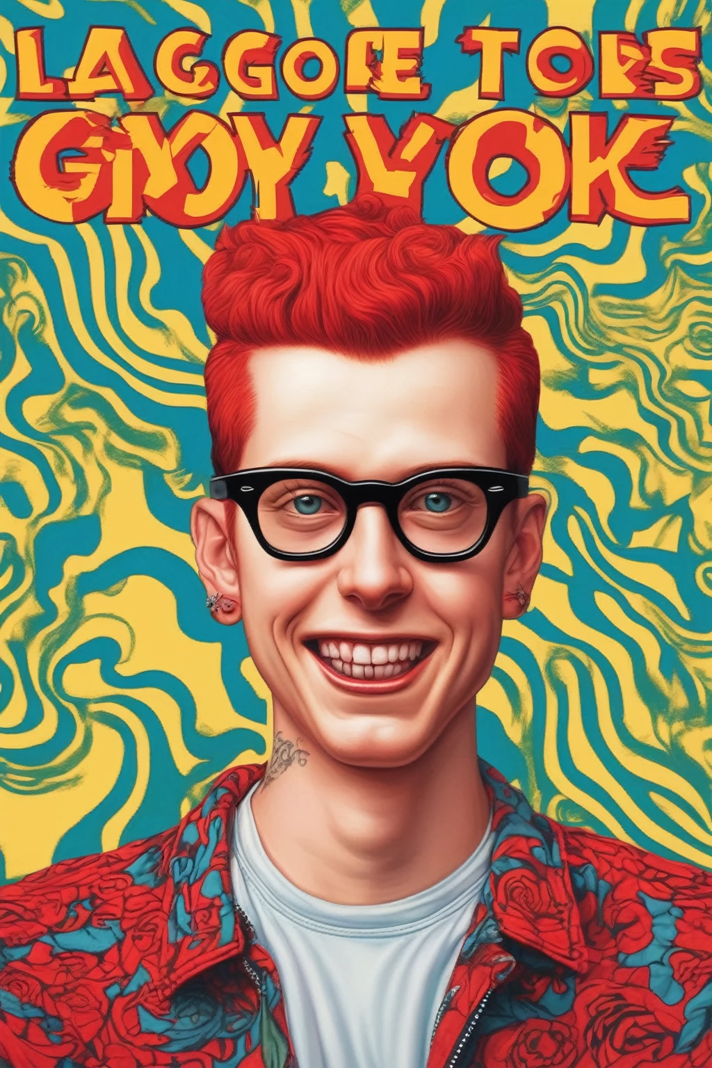 Alex Gross Style - pintura de Alex Gross The image you've uploaded appears to be inspired by the cover art of an album by LAGWAGON hardcore punk band, featuring a stylized and colorful portrait with a retro graphic design background. The character is depicted with a vibrant, friendly smile, curly red hair, and glasses, set against a bright and bold patterned background that includes text. It carries a strong 90s punk rock aesthetic, reminiscent of album cover art from bands of that era, combining a quirky and expressive portrait with eye-catching typography.