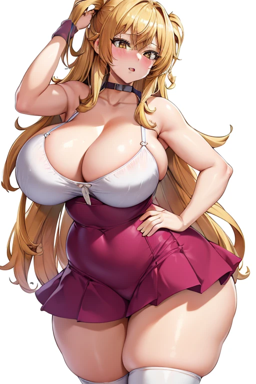 One girl,Huge Breasts, Have, White Background, Both sides up, bra,underwear,{{{Plump, thick thighs}}},{{{Knee-high socks}}},Sexy pose,Happy,Huge Ass,Yellow Eyes,Blonde Hair