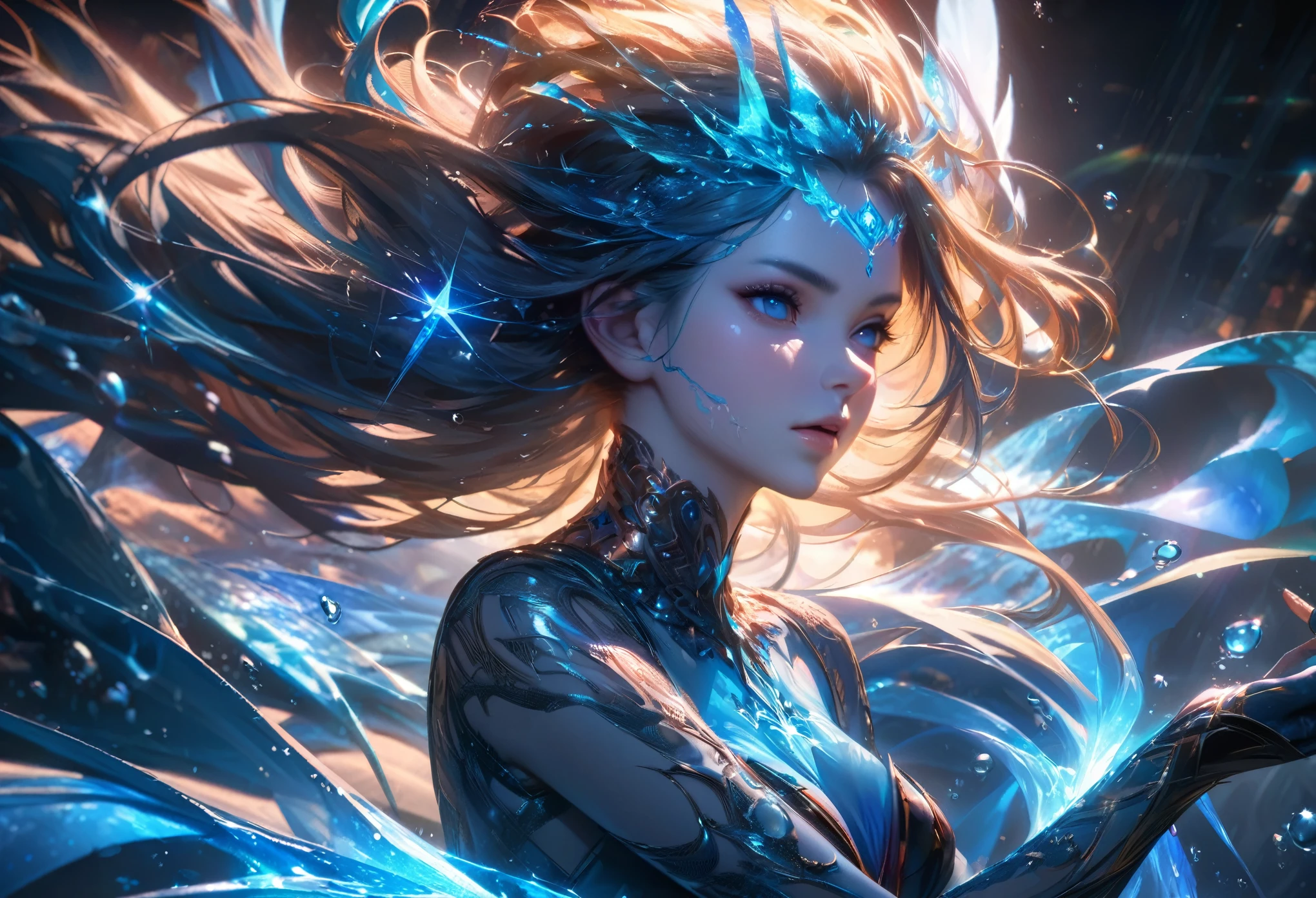a girl silhouette, body made of galaxy, bioluminescent, (ashley wood style:1.2),(nick vis style:0.3), detailed face, detailed eyes, detailed lips, beautiful detailed hands, long eyelashes, beautiful skin, flowing hair, elegant pose, dark mysterious background, dramatic lighting, cinematic composition, vibrant colors, highly detailed, photorealistic, 8k, best quality, masterpiece