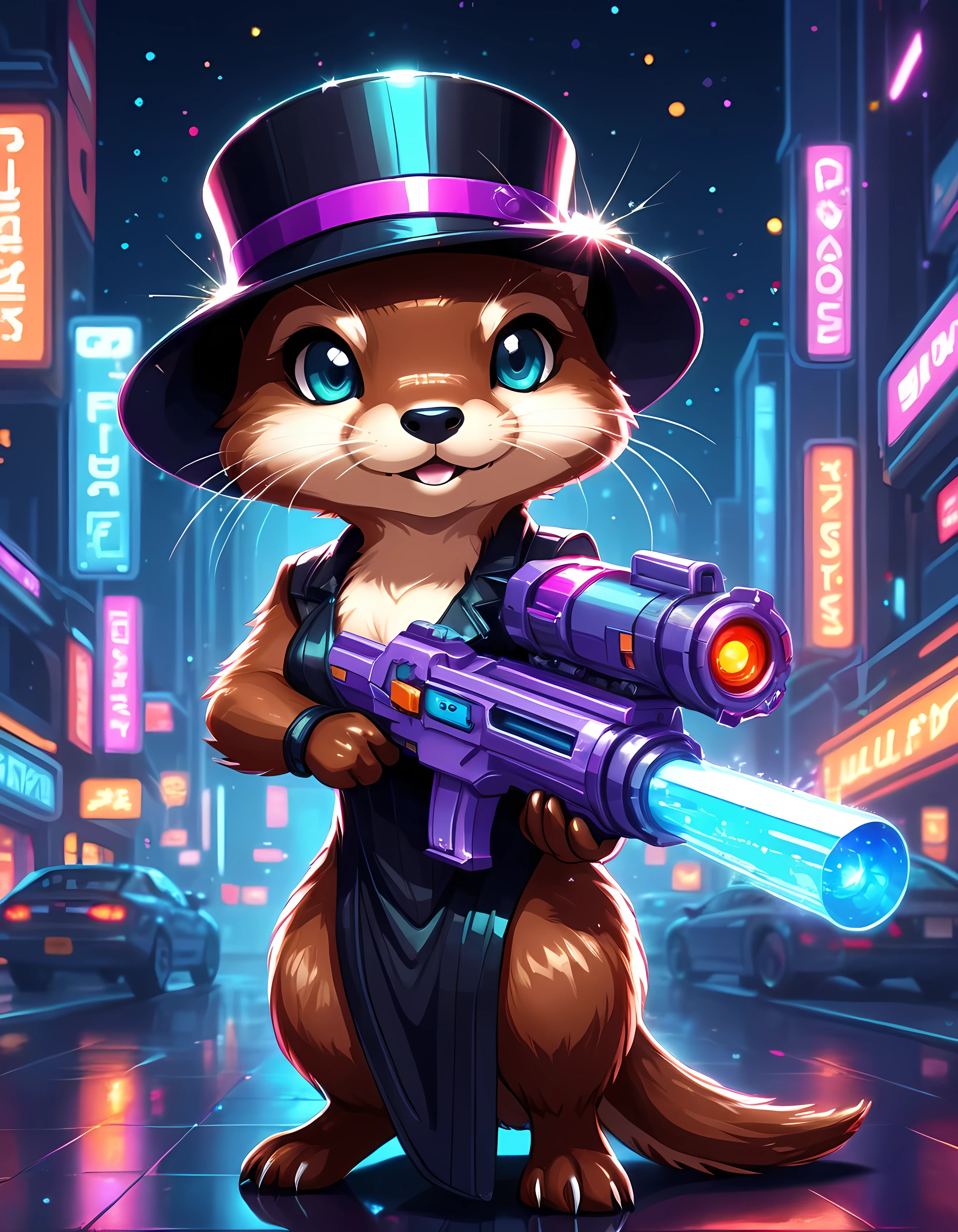 Bright epic professional cute cartoon pixel illustration, (masterpiece in maximum 16K resolution, superb quality, ultra detailed:1.3), close-up of a cyberpunk neon sleek otter lady holding a (big plasma gun with sharp features), sharp stylish high slit dress with sparkling patterns, wide hat, (robotic eyes), blurry modern street background at night, sparkles.