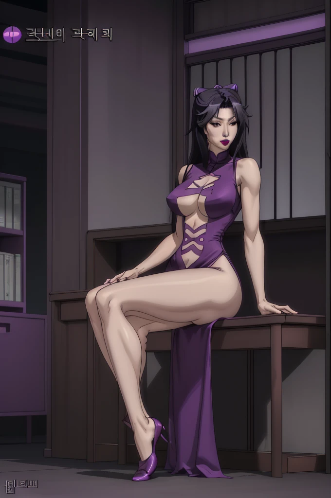 solo, full body, 42-year-old female, chinese, korean, lipstick, black hair, toned, tall, big breasts, (wide hips, thick thighs, athletic waist, small waist), purple satin minidress, cocktail dress, sinuous, hip window, hip cutout, long hair, high quality, highres