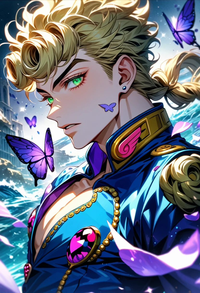Ultra detailed, HDR, Highres, absurdres, master piece, Giorno Giovanna, blond hair, expressive green eyes, blue clothes with patterns, Jojo Bizarre Adventure, purple glittering butterflies, purple ice, petals, purple ice roses, sexy man, solo, extremely detailed face and eyes, handsome, glittering, water,