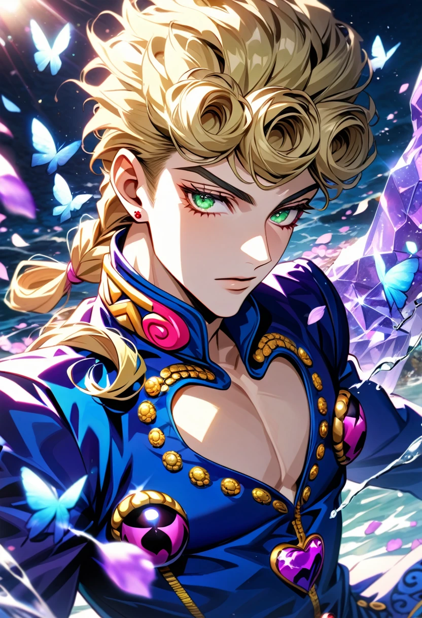 Ultra detailed, HDR, Highres, absurdres, master piece, Giorno Giovanna, blond hair, expressive green eyes, blue clothes with patterns, Jojo Bizarre Adventure, purple glittering butterflies, purple ice, petals, purple ice roses, sexy man, solo, extremely detailed face and eyes, handsome, glittering, water,