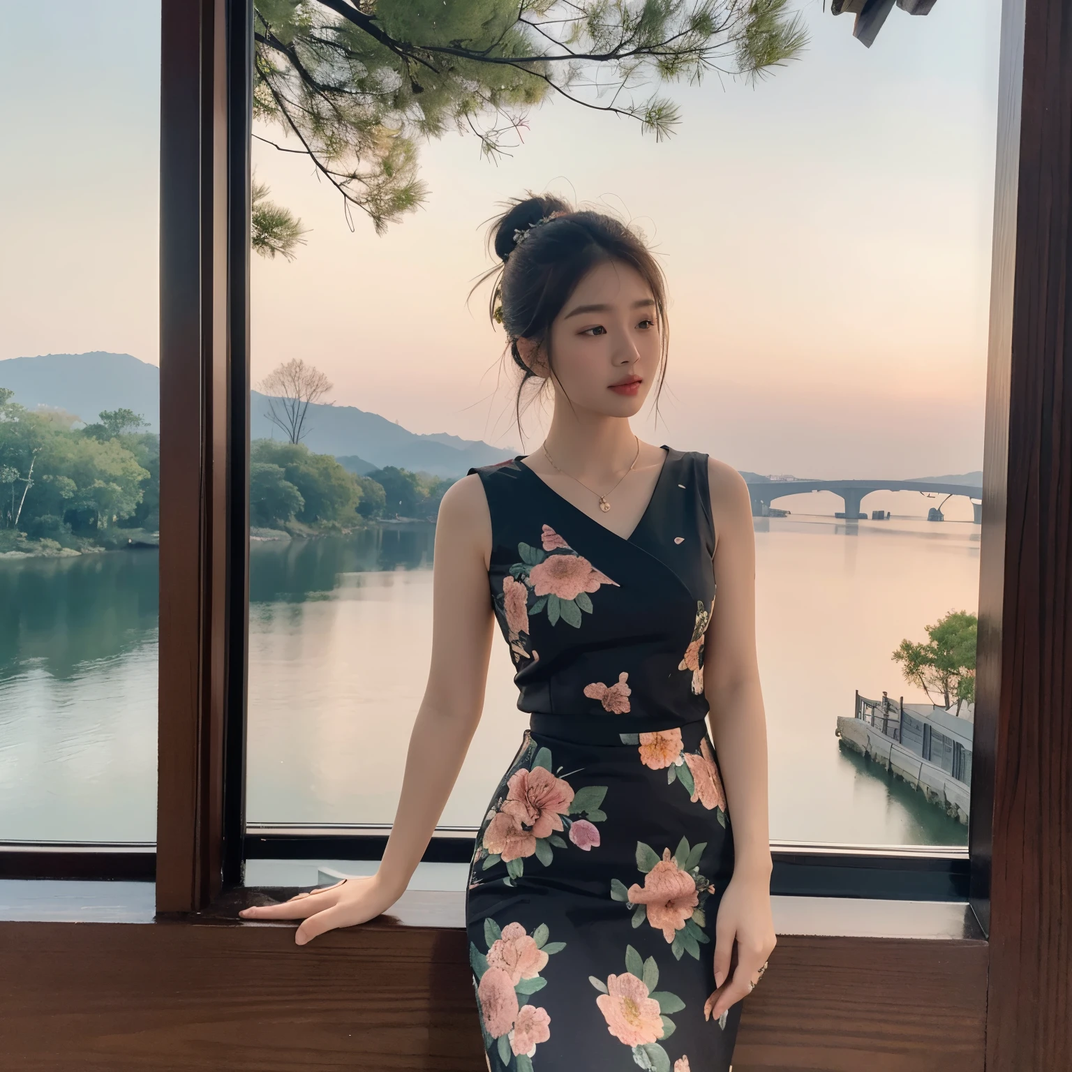 high-definition images, atmospheric perspective, 8k, super detail, accurate, best quality, angle from below, a woman, drooping eyes, sleepy face, blush,(floral black dress), , necklace, standing portraits ,day scene, pagoda view, hair up, acmm's outfit, black acmm's top , black printed acmm's skirt