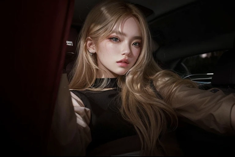 blonde woman with long hair sitting in a car looking at the camera, Retrato de Jossi do Blackpink, obras de arte no estilo de guweiz, no art style by bowater, even model | artegerm, trends in art, 🤤 retrato de , realism art style, estilo de arte realista, estilo anime 3 d realista, trending artegerm
