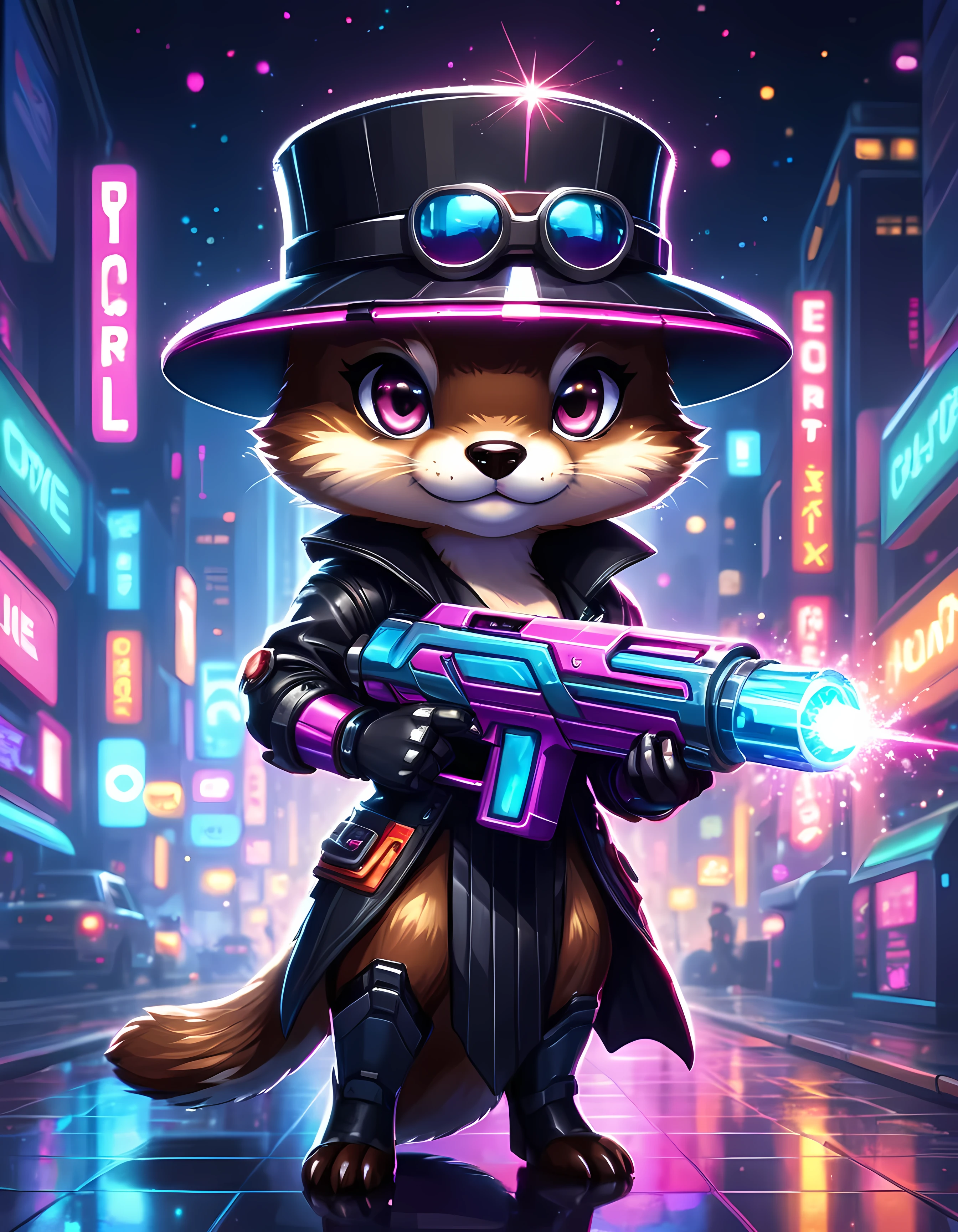 Bright epic professional cute cartoon pixel illustration, (masterpiece in maximum 16K resolution, superb quality, ultra detailed:1.3), close-up of a cyberpunk neon sleek otter lady holding a (big plasma gun with sharp features), sharp stylish high slit dress with sparkling patterns, wide hat, (robotic eyes), blurry modern street background at night, sparkles.