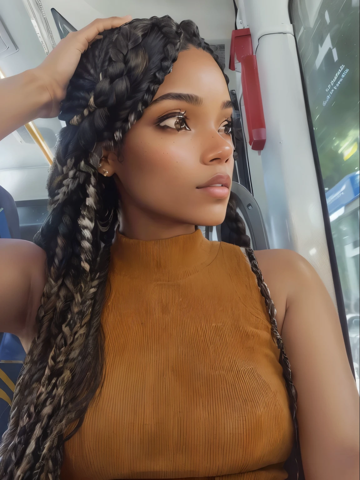 there is a woman with long braids on her head on a bus, woman with braided brown hair, box braids, black hair in braids, selfie de uma jovem,  With braids, long braids, long braided hair on top of head, looking away from the camera, braids in hair, looking away from the camera, tessa thompson inspirada, Olhando para o lado