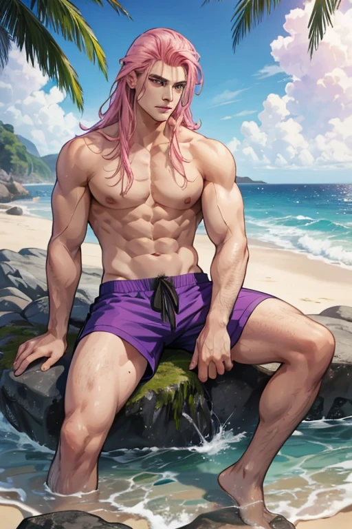 A handsome muscular pink haired man with violet eyes with long hair in swim trunks is sitting on a rock at the beach