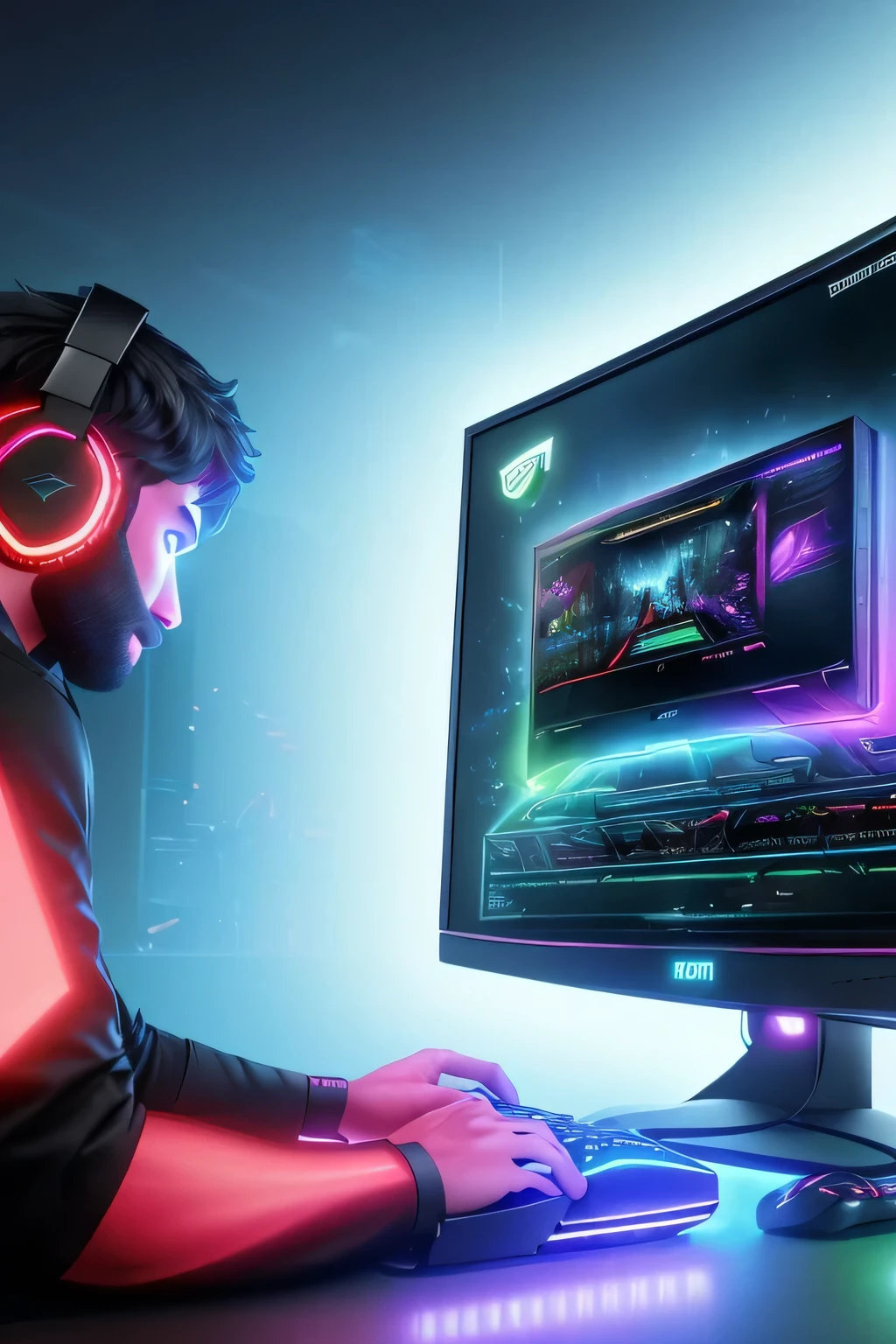 A PC gamer, fully immersed in a virtual world, eyes illuminated by the vibrant glow of the monitor screen, (gaming headset: 1.2), (mechanical keyboard: 1.3), (high-resolution monitor: 1.4), (ultra-wide monitor: 1.1), (surround sound: 1.1), (detailed graphics: 1.2), (dynamic lighting: 1.3), (realistic textures: 1.4), (Steam library: 1.2), (Radeon RX 6800 XT: 1.3), (NVIDIA GeForce R