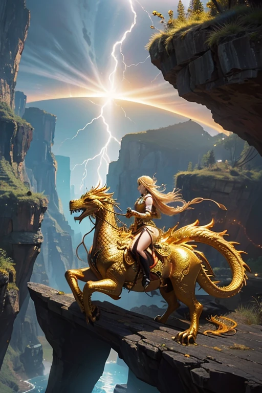 So sublime and divine々A beautiful golden dragon floats in the center of the screen.。The surrounding area is a canyon where no one can get close, and lightning is flashing in the background.、The sun is shining brightly