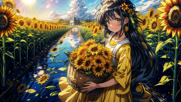 Picture an anime woman standing in a sunflower field as far as the eye can see, the vibrant yellow blooms stretching towards the sun. With a simple smile on her face and a basket in hand, she wanders through the sea of flowers, feeling uplifted by their cheerful presence.