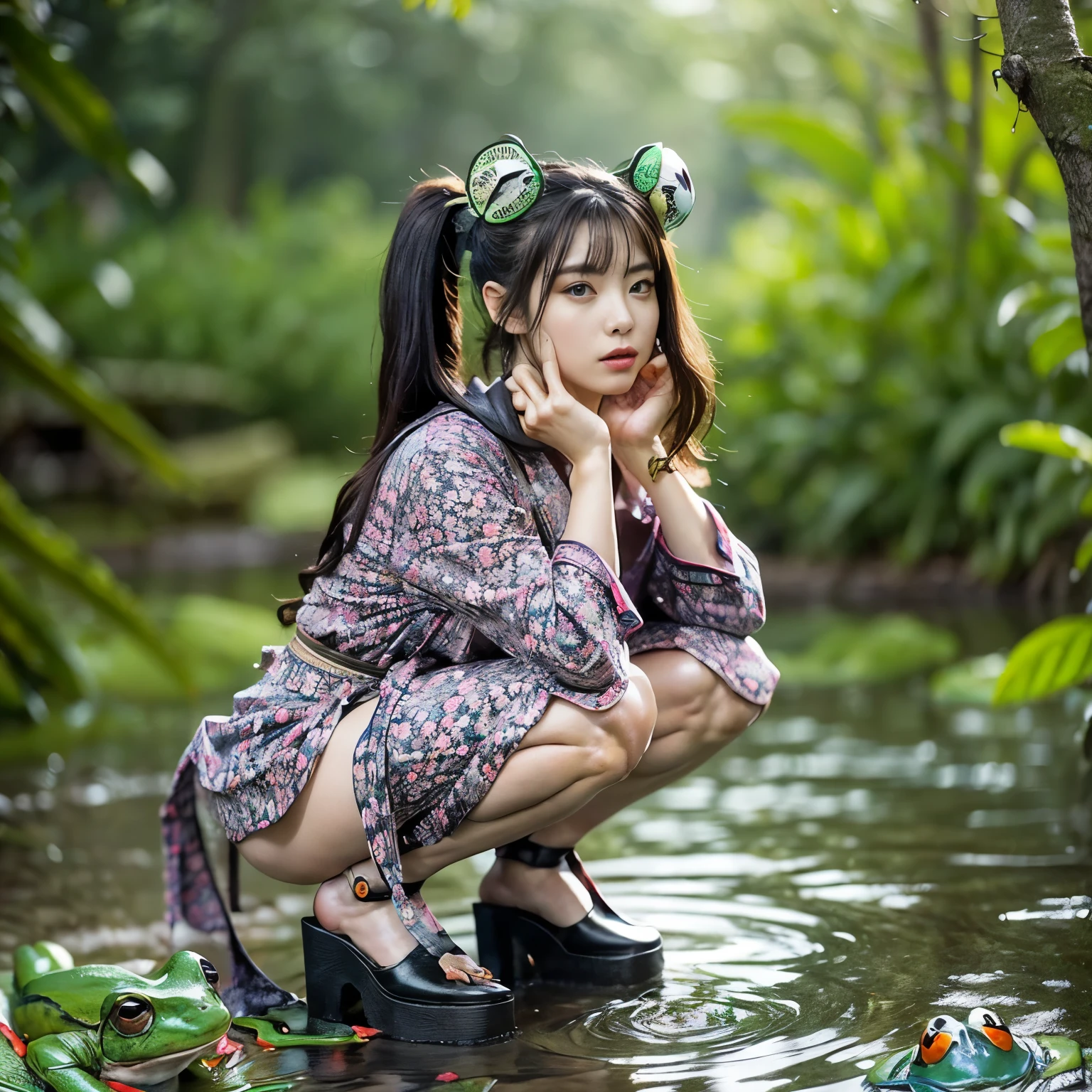 (highest quality、4k、8k、High resolution、masterpiece: 1.2)、Super detailed、(Real、Photorealistic、Photorealistic: 1.37)、Full Body Portrait、media: Fantasy、Horror、ダーク Fantasy、Creatures、ハイブリッド Creatures、(Anatomically correct fingers: 1.4 )、(The upper body of a beautiful young woman)and((A hybrid creature with the lower body of a frog: 1.5))、(Squats with legs open:1.5)、Visualization of mythical creatures、yukata、At night in the swamp、Dark atmosphere、Dim color、Spooky lighting、looking at the camera