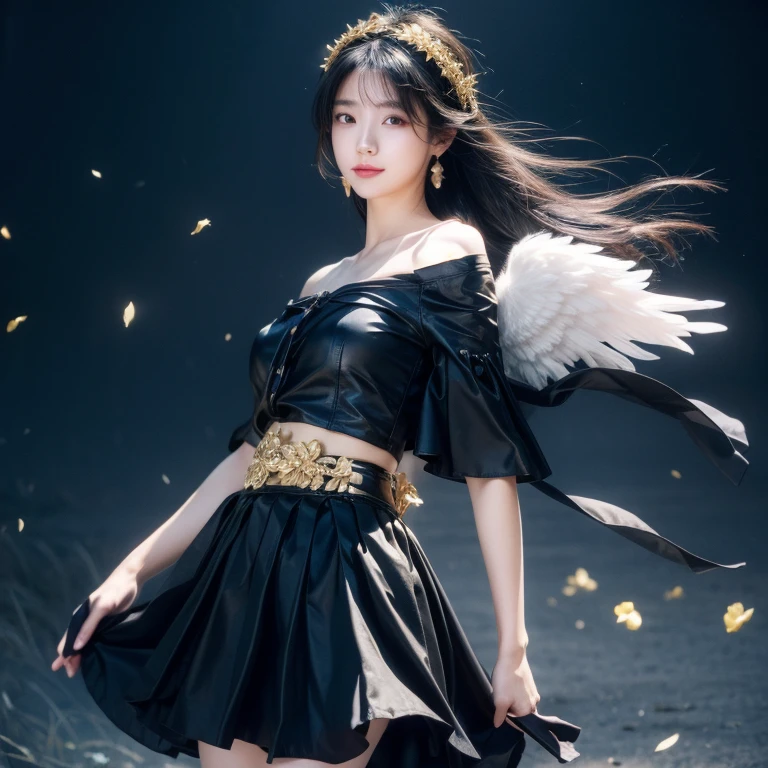 Angel Wings, Beautiful Japanese actress Saito Asuka, (Reality), Backlight, black background, black skirt, black Gloves, Black Hair, Smile, Cowboy shooting, skirt, earrings, Flowing hair, Gloves, gold earrings, gold Headband, Flowering, Hair accessories, ((Headband)), jewelry, Light Particles, Long hair, View viewer, , off-the-shoulder skirt, Off-shoulder, petal, Side Rock, Solitary, spike, Very beautiful dress, Double-sided fabric, ((masterpiece))