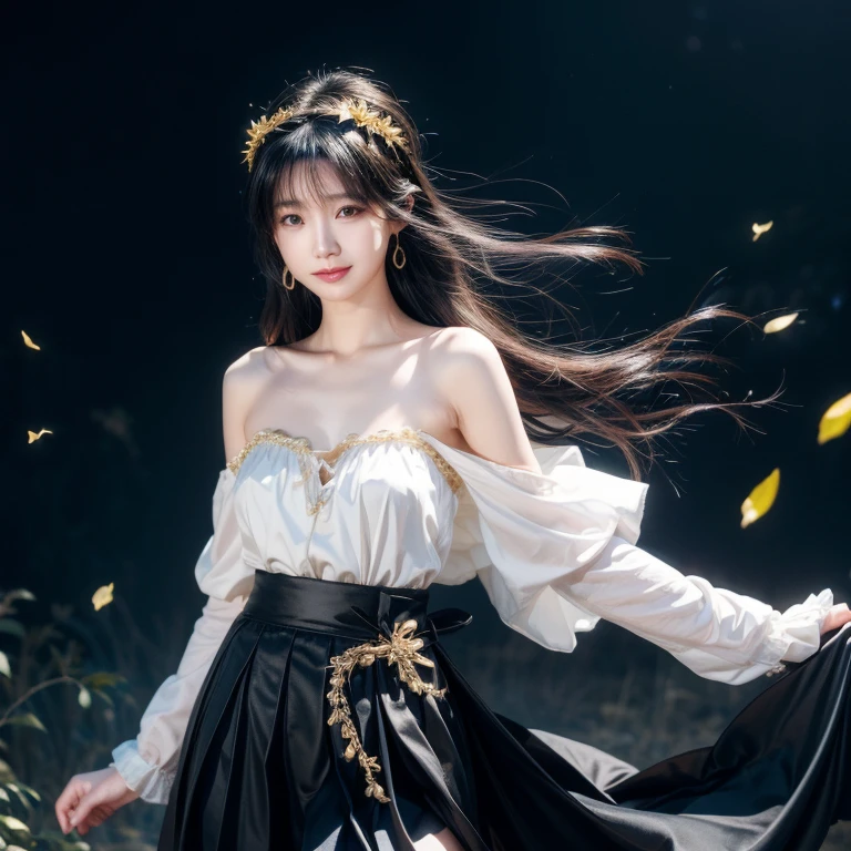 Angel Wings, Beautiful Japanese actress Saito Asuka, (Reality), Backlight, black background, black skirt, black Gloves, Black Hair, Smile, Cowboy shooting, skirt, earrings, Flowing hair, Gloves, gold earrings, gold Headband, Flowering, Hair accessories, ((Headband)), jewelry, Light Particles, Long hair, View viewer, , off-the-shoulder skirt, Off-shoulder, petal, Side Rock, Solitary, spike, Very beautiful dress, Double-sided fabric, ((masterpiece))
