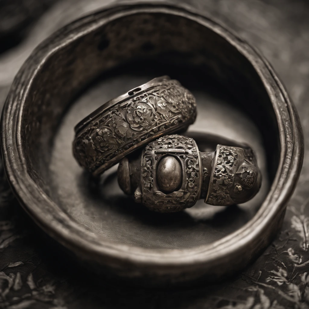 Sketch the intricate details of an Ancient Oriental figure or other beloved antique object, focusing on its worn edges and timeless charm, capturing the nostalgia and history it holds within its design