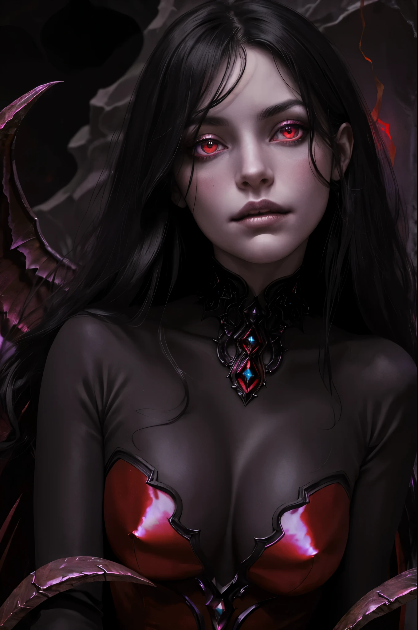 (masterpiece), (unrivalled quality:1.4), ultra-high resolution, [:velvet textures:0.2], hyperrealistic, dark fantasy portrait, 1 woman, adult (succubus:0.7) with a sly smirk, hypnotic ruby red eyes, raven-black hair cascading in waves, solo, detailed face, (cavernous underworld theme:1.1) (demonic wings:1.05), personified forbidden temptation, allure, power, darkness, succubus mythology symbolism, firelight, glow, rich purples and reds, symmetry, obsidian, foreboding cavern background, otherworldly infernal atmosphere