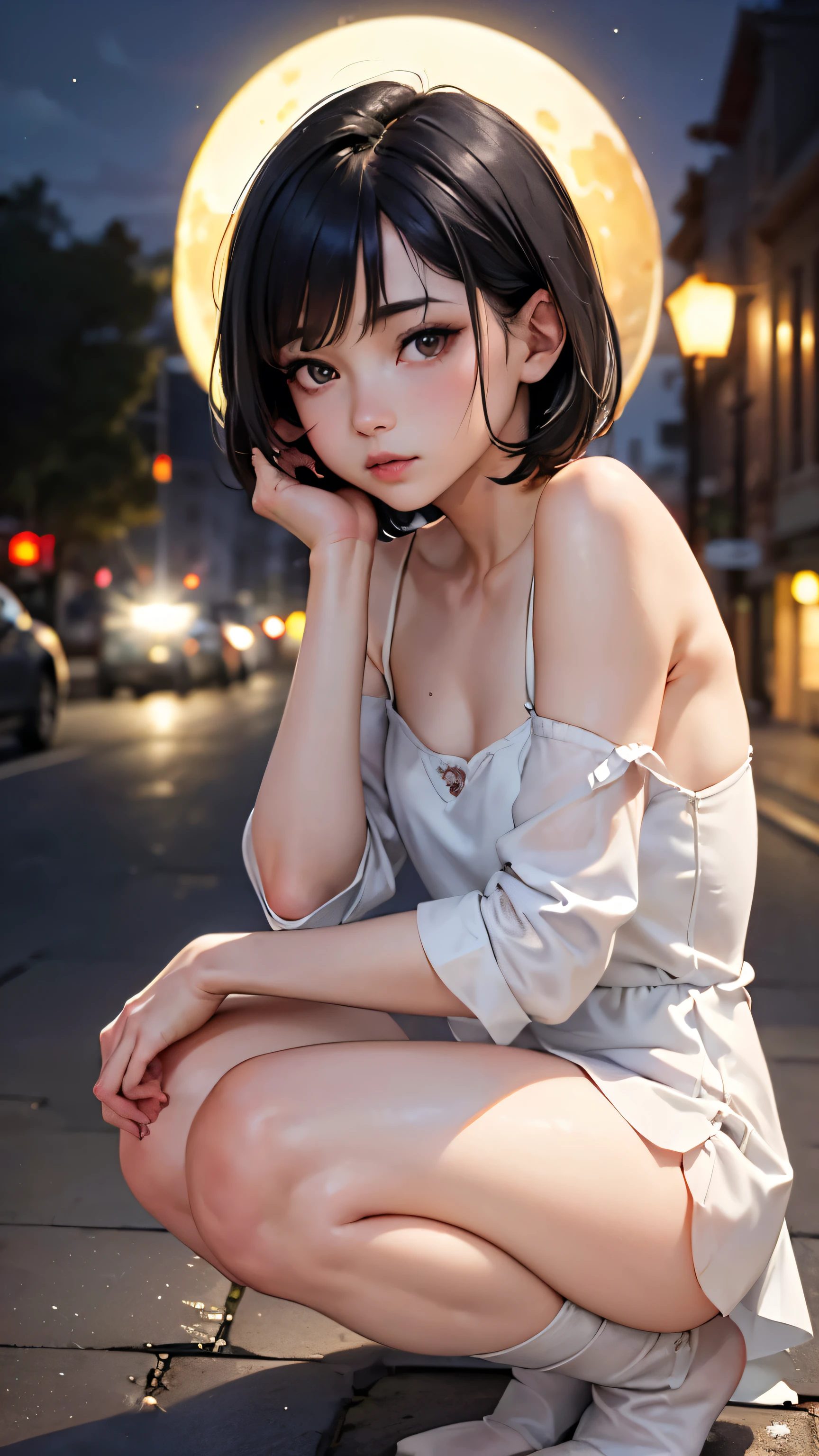 (,Street lamp,moon),masterpiece, One woman, Solo Exhibitions, Beautiful woman with small breasts,Beautiful Goddess Portrait, Beautiful and elaborate face, Porcelain-like skin, (((Full Shot,center, night, Black Hair, short hair)), Very soft lighting, Symmetric, complicated, grace, Attention to detail, realism, art, concept art,White clothes,squat,