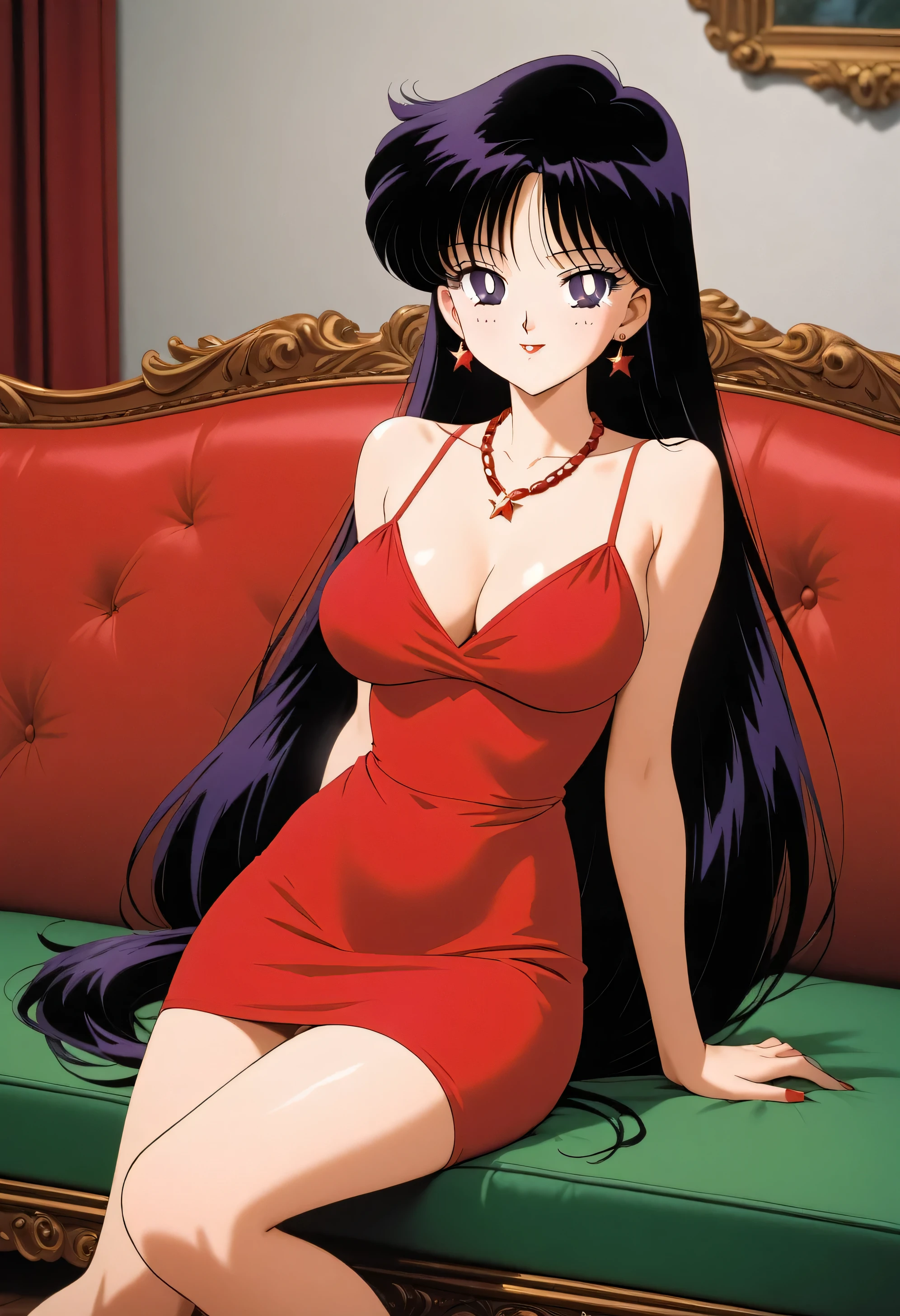 aamars, very long hair, black hair, parted bangs, purple eyes, 1990s \(style\), 1 girl, solo, Best quality, masterpiece, High Definition, taut dress, spaghetti strap, red dress, sleeveless, sitting, necklace, indoors, sofa, seductive smile