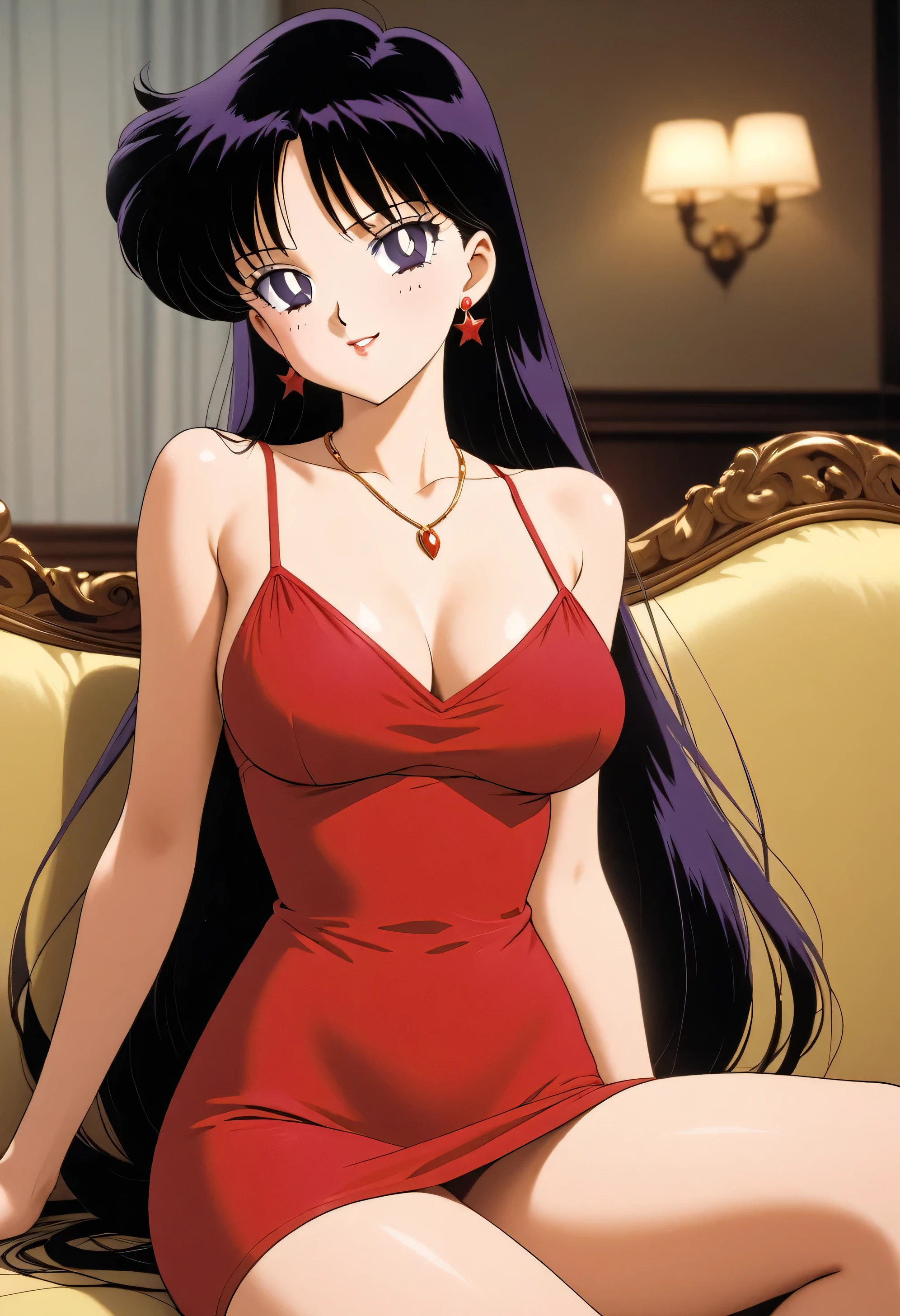 aamars, very long hair, black hair, parted bangs, purple eyes, 1990s \(style\), 1 girl, solo, Best quality, masterpiece, High Definition, taut dress, spaghetti strap, red dress, sleeveless, sitting, necklace, indoors, sofa, seductive smile