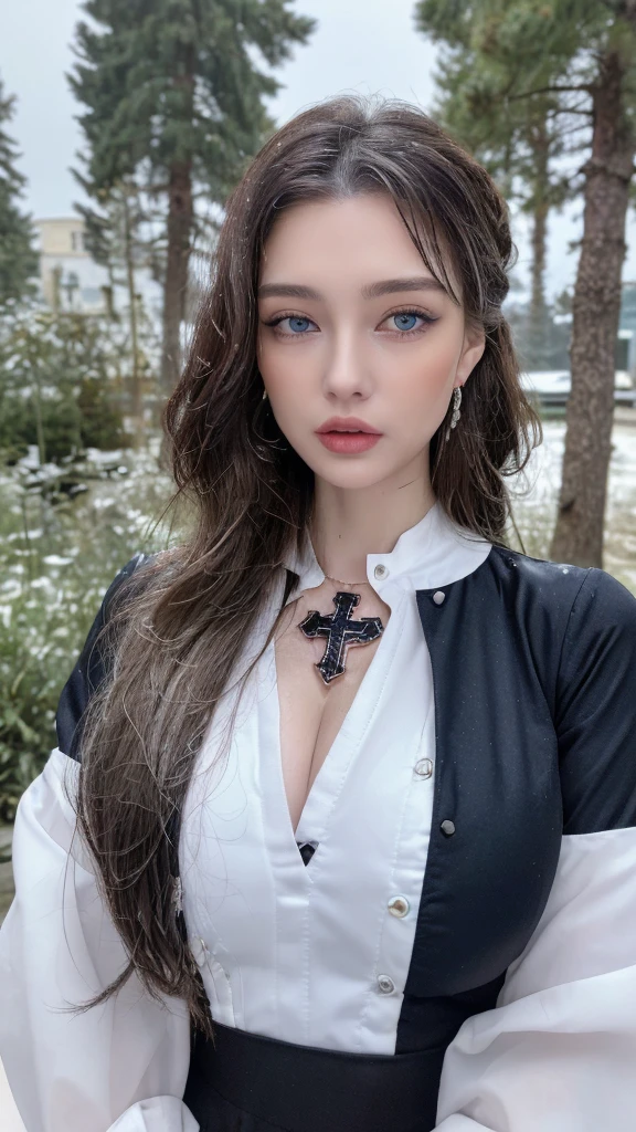 1 miniature Beautiful beautiful woman - Yuan Sayuki, ((top quality, 8K, Masterpiece:1.retty woman, 1 woman, huge breasts:1.3, a slim body:1.1, lush GINGER long hair with 2 buns, (shower, wet body, wet clothes:1.1), very detailed face, detailed lips, detailed eyes, double eyelids, Detailed blue eyes, чрезвычайно Detailed Outstanding Blue Eyes, long GINGER wet hair, GINGER wet hair, Detailed Outstanding Blue Eyes, innocent look at the viewer, very wet wavy white hair, Detailed Outstanding Blue Eyes, huge cross earrings, Outdoors, badges behind, gothic maid uniform,  sexy maid dress, bare chest, huge chest tattoo, detailed huge catholic cross earrings, chest tattoo, Outside, wear a silver cross (Detailed cross shape), reality mode, wet breasts, black necklace, human crowd behind, black latex gloves, hair of white snowy colour, night time, red neon lights, demonic nun, nimbus (golden lighting ring above her head), angel, snowy weather, sexy pose, white lingerie, black maid dress, detailed flower wreath made of different colours, open chest (tattoo on her chest)