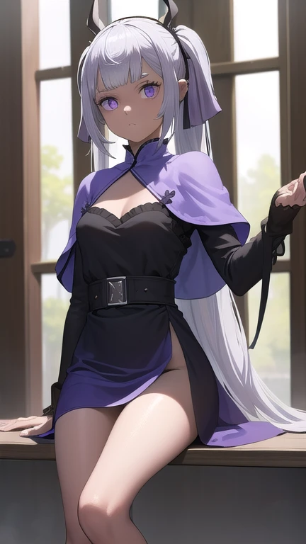 noellesilva, Noelle Silva, Cinta para el pelo, pelo largo, (ojos morados:1.1), cabello plateado, dos colas,
ROMPER dress, vestido blanco, capelet, Falda, purple Falda, (capa negra:1.5),
ROMPER looking at viewer,
ROMPER indoors,
ROMPER (Obra maestra:1.2), mejor calidad, high resolution, fondo de pantalla de unidad 8k, (illustration:0.8), (hermosos ojos detallados:1.6), cara extremadamente detallada, Perfect lighting, CG extremadamente detallado, (manos perfectas, perfect anatomy),