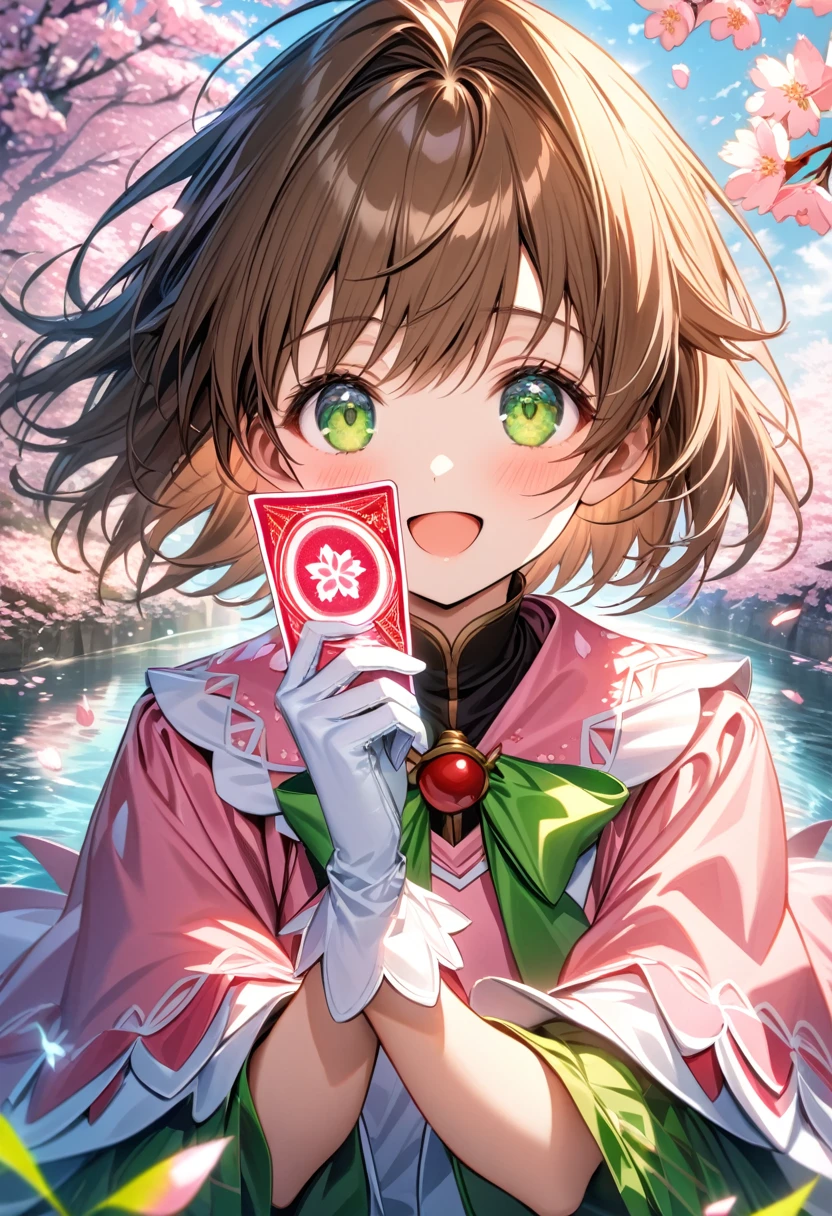 Ultra detailed, highres, absurdres, HDR, Kinomoto Sakura, brown short hair, expressive green eyes, pink dress with patterns, Sakura card captor, holding magical cards, cherry blossoms, blossoms, solo, extremely beautiful, extremely detailed face and eyes, white gloves, woman, water, happy, master piece, petals, butterflies