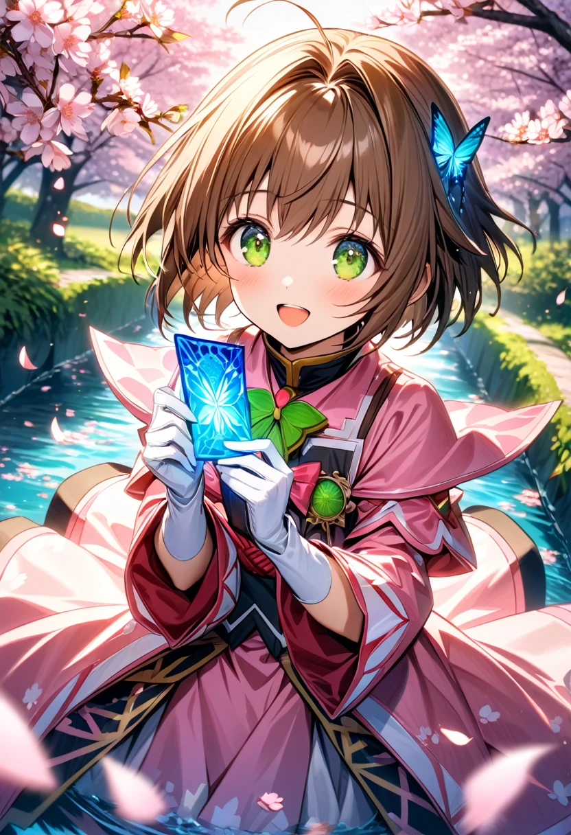 Ultra detailed, highres, absurdres, HDR, Kinomoto Sakura, brown short hair, expressive green eyes, pink dress with patterns, Sakura card captor, holding magical cards, cherry blossoms, blossoms, solo, extremely beautiful, extremely detailed face and eyes, white gloves, woman, water, happy, master piece, petals, butterflies