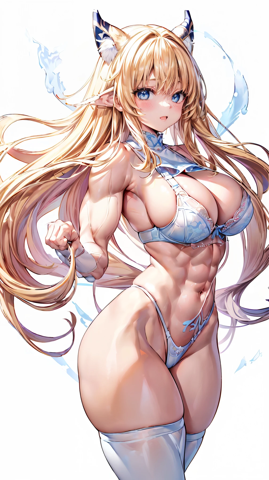 Very detailed、highest quality、Best image quality、masterpiece、8k、Anime Face、A kind smile、(Open your mouth:1.parkling blue eyes、(Blonde semi-long hair:1.5)、(Muscles of the whole body:1.3)、(highleg:2.0)、(Thong:1.5)、Thigh belt、(Cowboy Shot:1.5)、(iant)、(Thick body:1.2)、(bra:1.5)、(sxspnRear view:1.5)、(Pure white background:1.5)