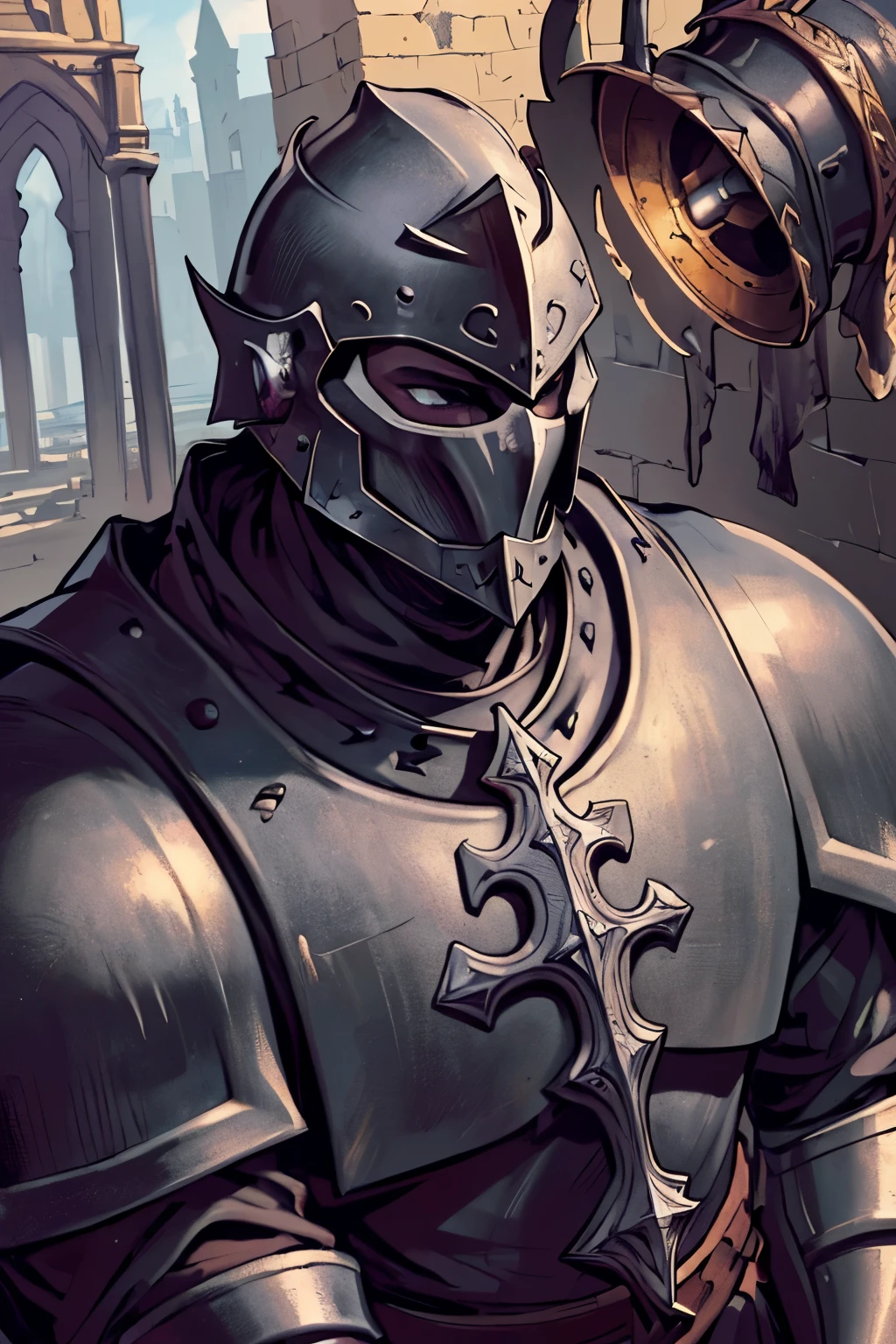 (masterpiece:1.1),(best quality:1.1),extremely detailed,(original design:1.1),(unique accessories:1.1),(medieval fantasy:1.1),professionally retouched,(close-up:1.1),portrait,battlefield,(male:1.1),(holy:1.0),(divine:1.0),(old:1.3), black armor, full black armor, close helmet, obsidian armor, no hair, no face, helmet on, dark black metal