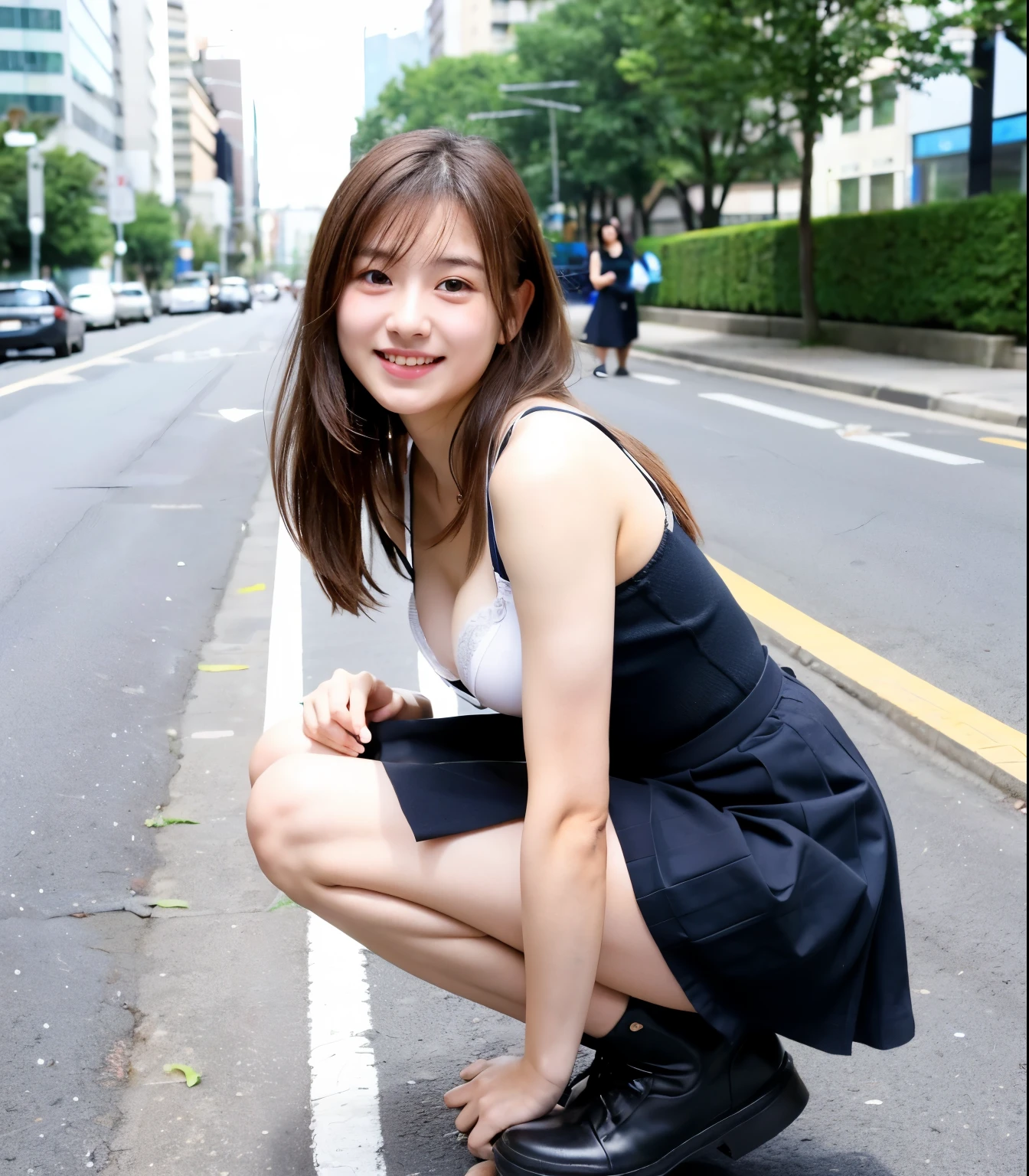((highest quality)), ((masterpiece)), (detailed), Perfect Face, A very cute 18-year-old girl, like an idol, A kind smile, A face that looks young、Very cute、Female police officer, Police uniform, 制服はCleavageが見えるデザイン、Cleavage、I'm wearing a bra、mini skirt、Cleavage, whole body, whole body像、City Sidewalk, Crouching、Genuine stick, Genuine、Real