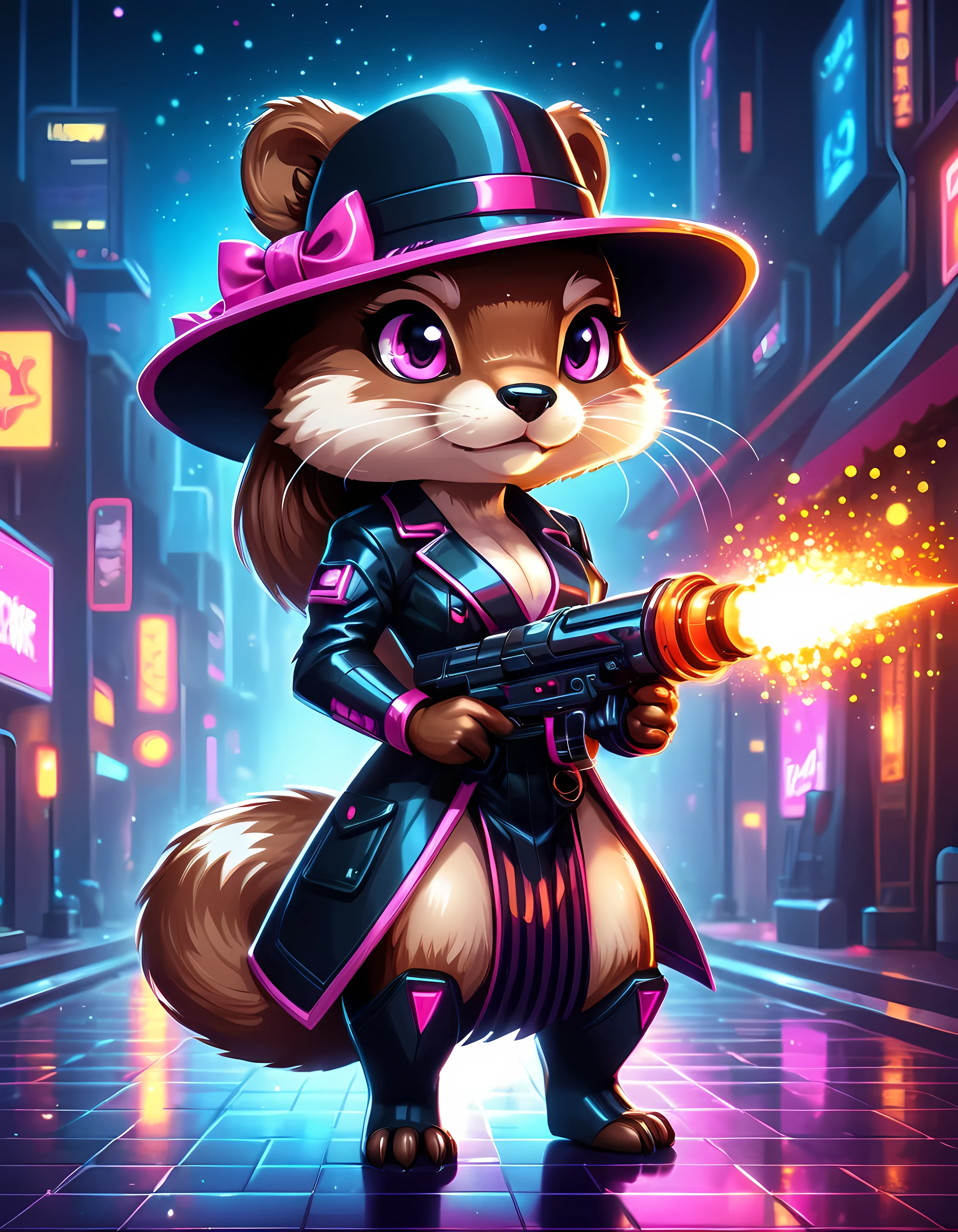 Bright epic professional cute cartoon pixel illustration, (masterpiece in maximum 16K resolution, superb quality, ultra detailed:1.3), close-up of a cyberpunk neon sleek otter lady holding a (flamethrower with sharp features), sharp stylish high slit dress with sparkling patterns, wide hat, (robotic eyes), blurry modern street background at night, sparkles.