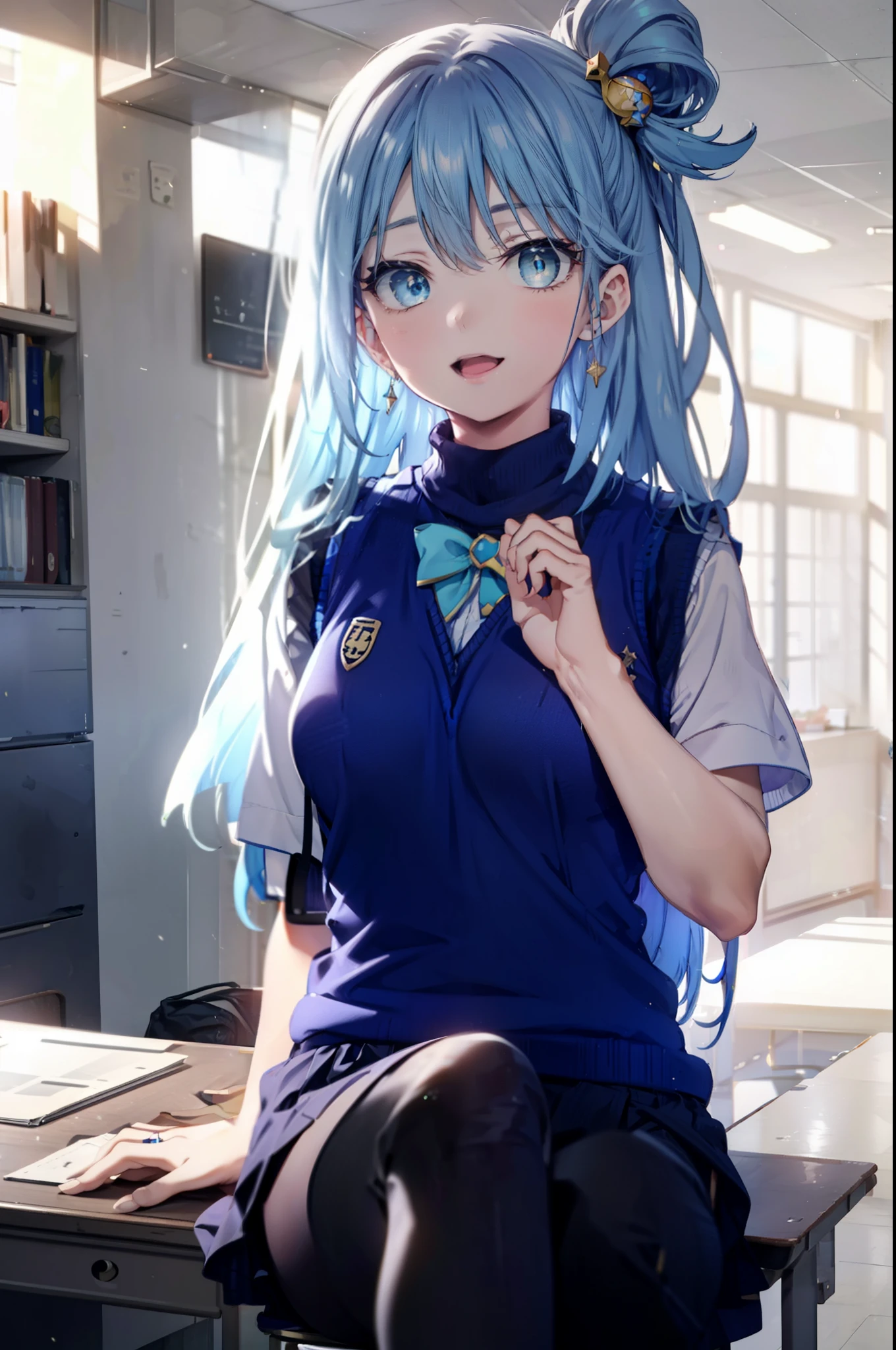 konosubaAqua, Aqua, Long Hair, blue eyes, hair ornaments, very Long Hair, Blue Hair, Hair Ring, シングルHair Ring, Hair ties,happy smile, smile, Open your mouth,
White shirt,Short sleeve,Sweater vest, (blue Sweater vest:1.5),black pleated skirt,Black pantyhose,Black Loafers,whole bodyがイラストに入るように,Sitting at a desk with legs crossed,
break door, School classroom,crowd, people々々々,
break looking at viewer, whole body,
break (masterpiece:1.2), highest quality, High resolution, unity 8k wallpaper, (shape:0.8), (Beautiful and beautiful eyes:1.6), Highly detailed face, Perfect lighting, Extremely detailed CG, (Perfect hands, Perfect Anatomy),