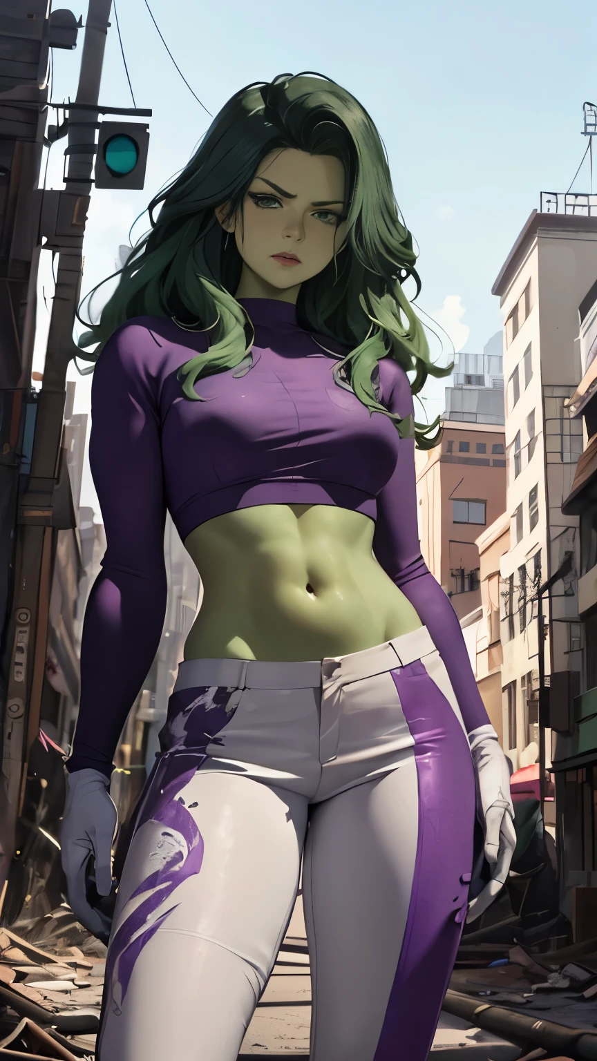 (Highly quality, masterpiece, detailed), Destroyed city detailed scenario, Destroyed detailed background, 20 years old girl, shehulk, solo, Green skin, Dark Green hair, Colored Skin, Purple/White top, Leather top, Purple/White pants, Multicolored Pants, Leather Pants, Crop top, Purple/White Sleeves, Long Sleeves, Purple/White Gloves, Navel, Angry, beautiful eyes, perfect eyes, looking at the viewer, Sexy pose